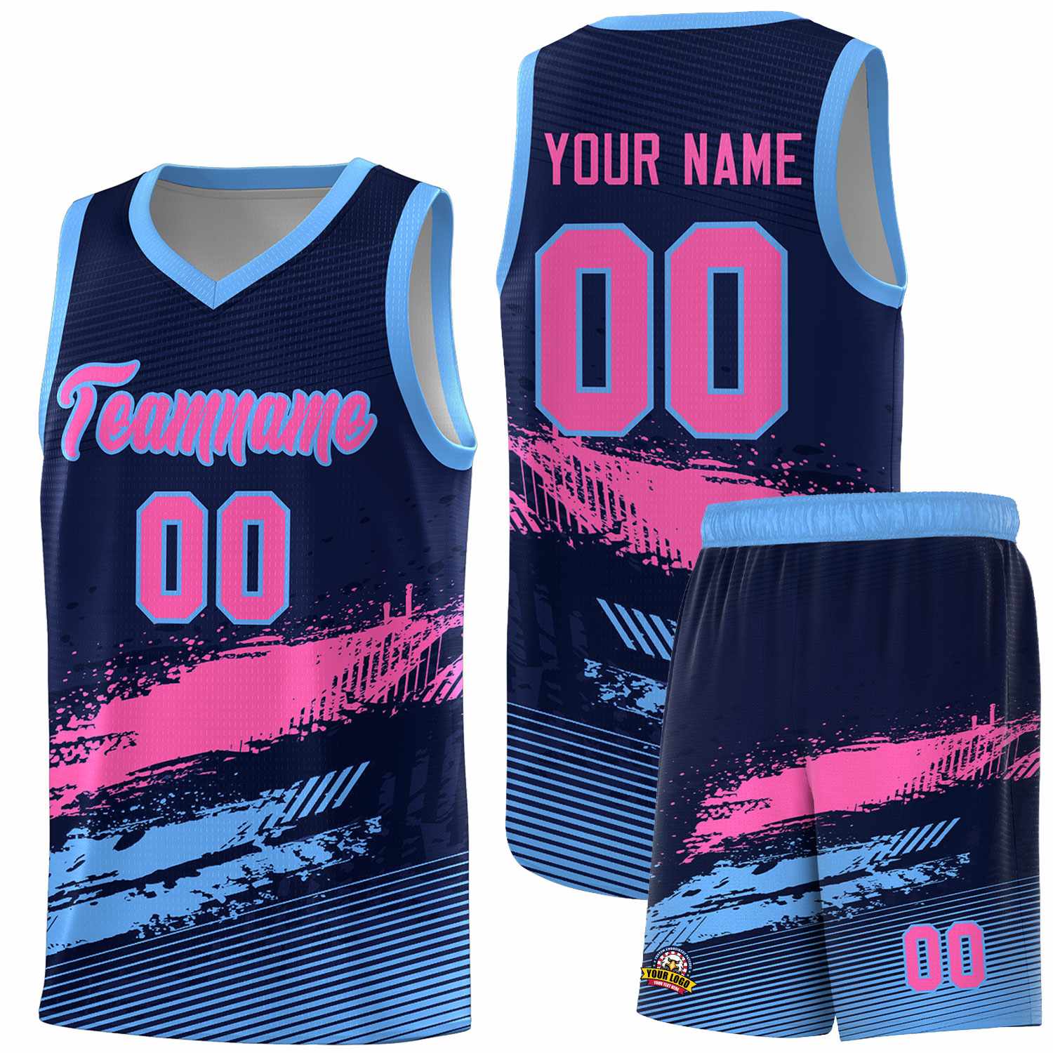 Custom Navy Pink and Powder Blue Graffiti Pattern Sports Uniform Basketball Jersey