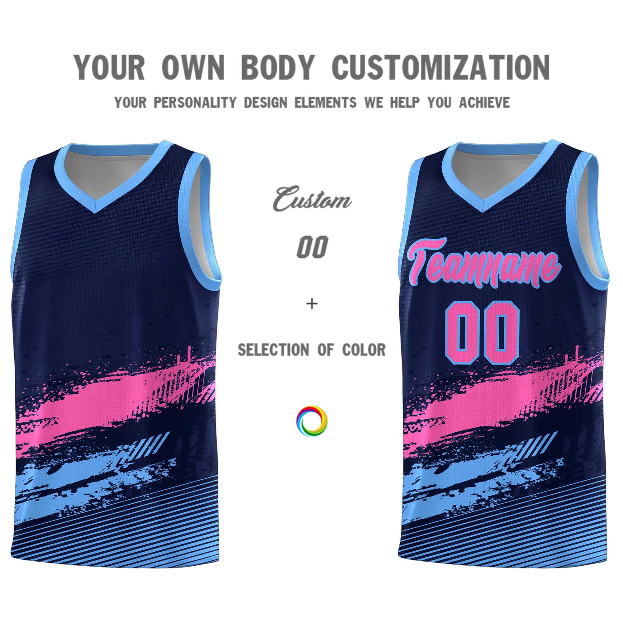 Custom Navy Pink and Powder Blue Graffiti Pattern Sports Uniform Basketball Jersey