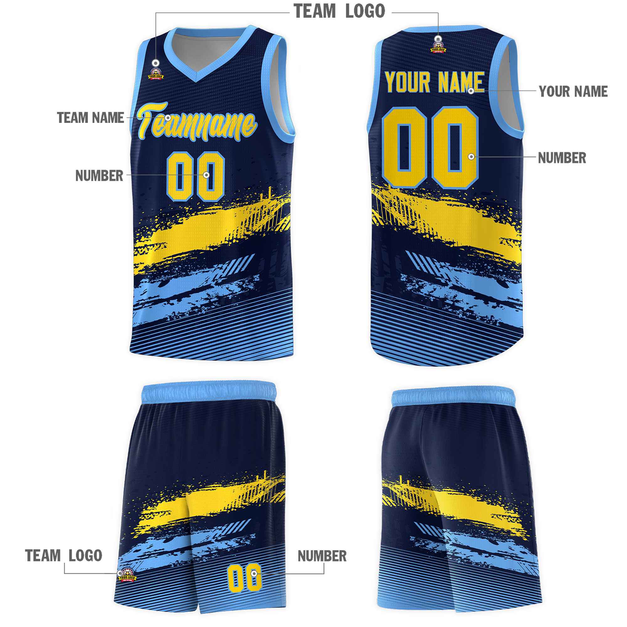 Custom Navy Gold and Powder Blue Graffiti Pattern Sports Uniform Basketball Jersey