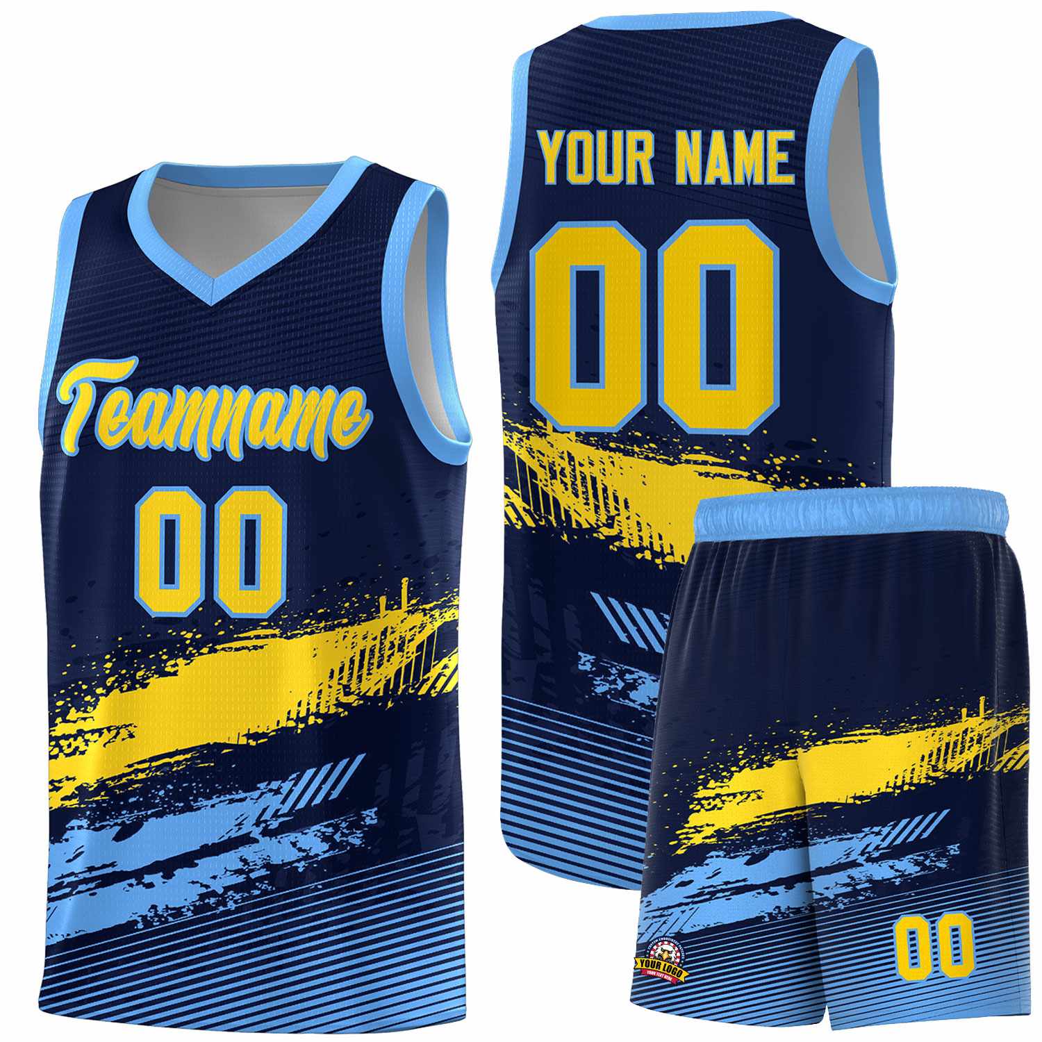 Custom Navy Gold and Powder Blue Graffiti Pattern Sports Uniform Basketball Jersey