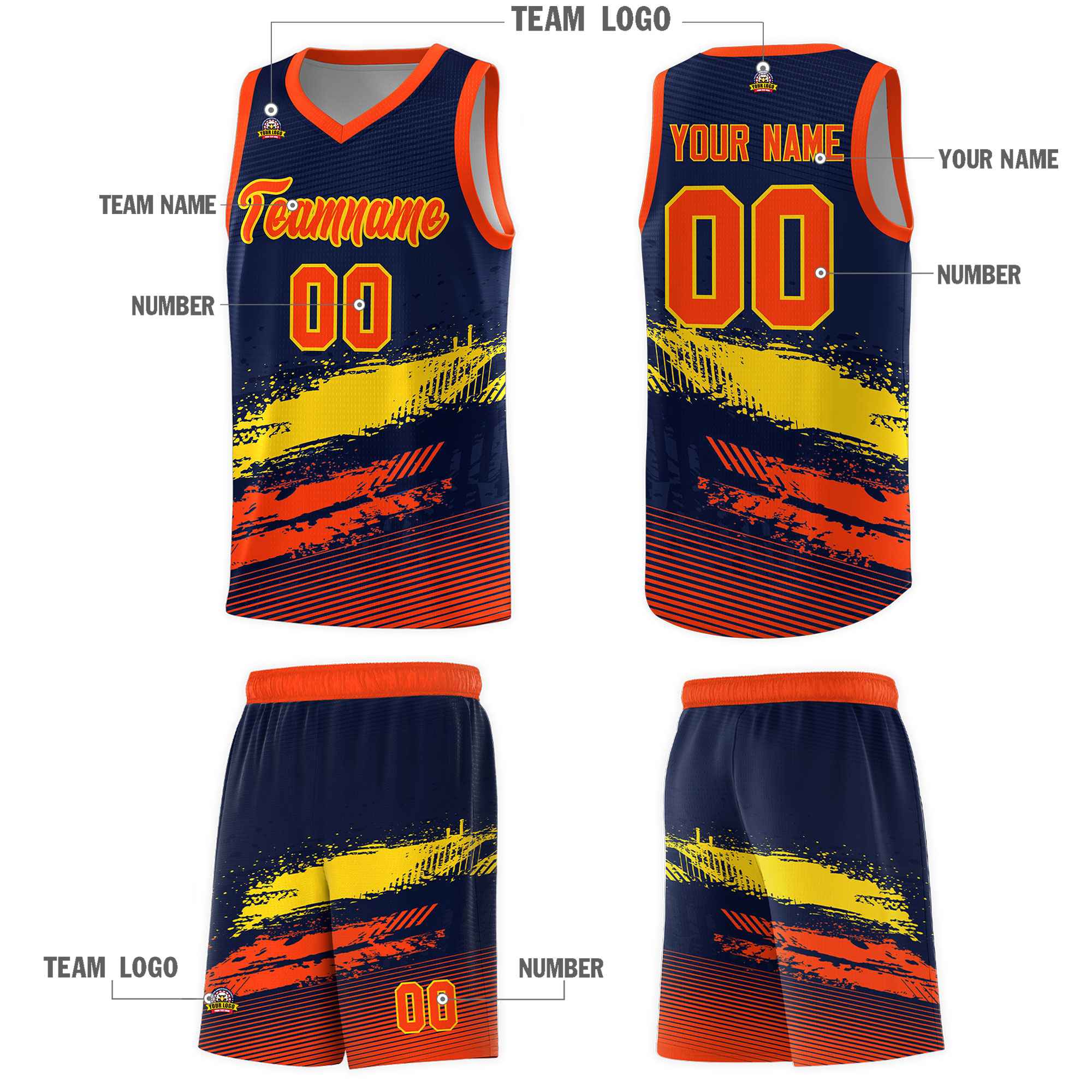 Custom Navy Gold and Orange Graffiti Pattern Sports Uniform Basketball Jersey