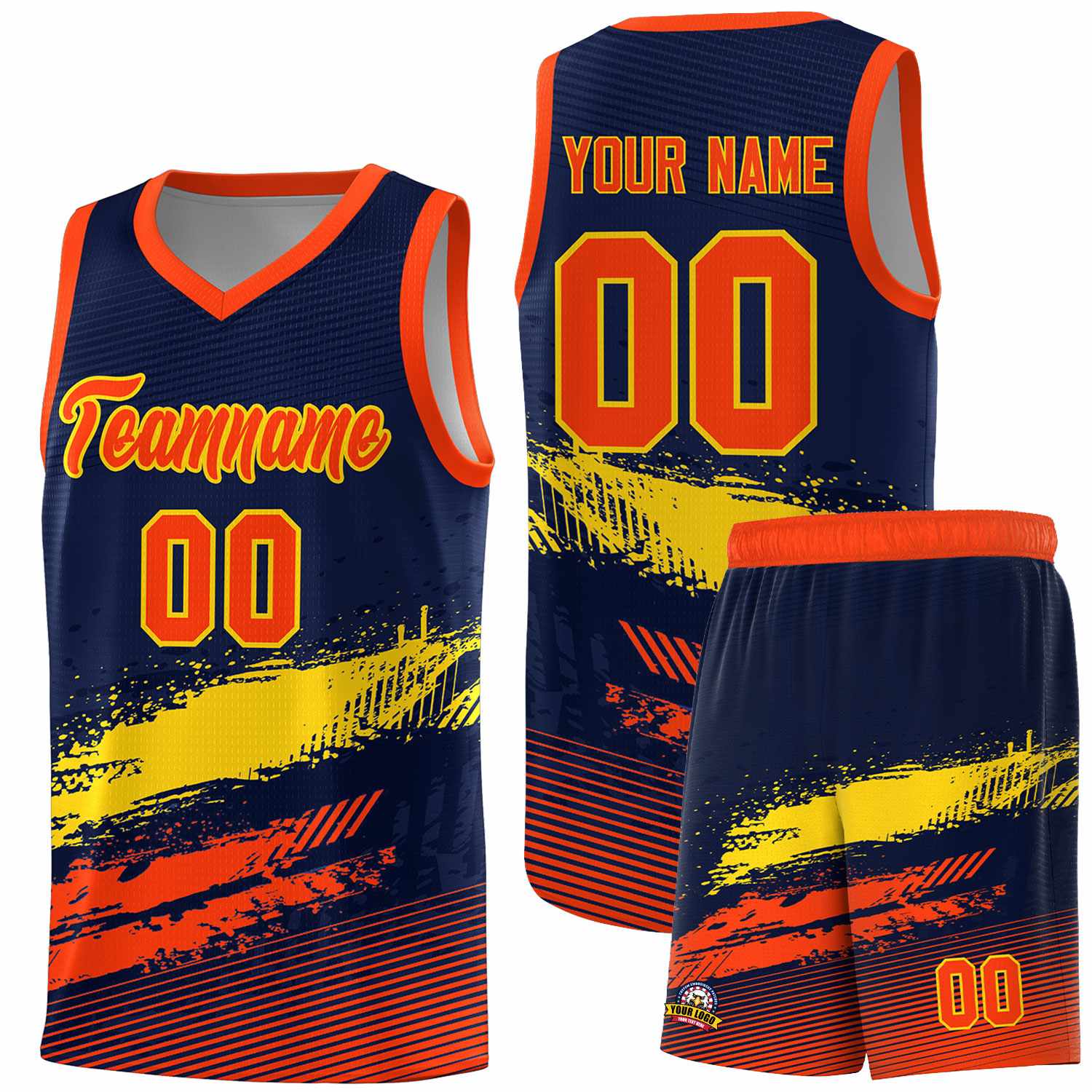 Custom Navy Gold and Orange Graffiti Pattern Sports Uniform Basketball Jersey