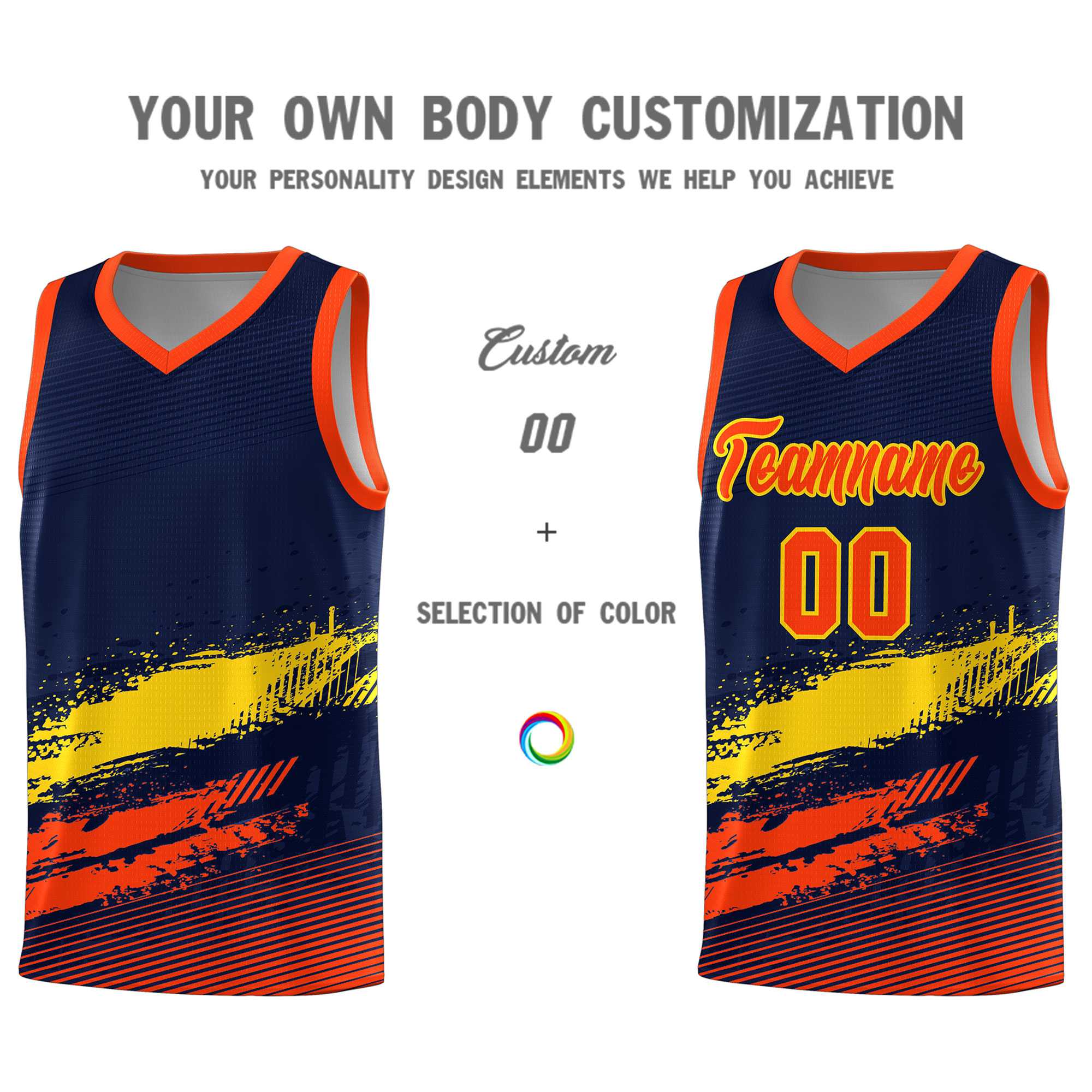 Custom Navy Gold and Orange Graffiti Pattern Sports Uniform Basketball Jersey