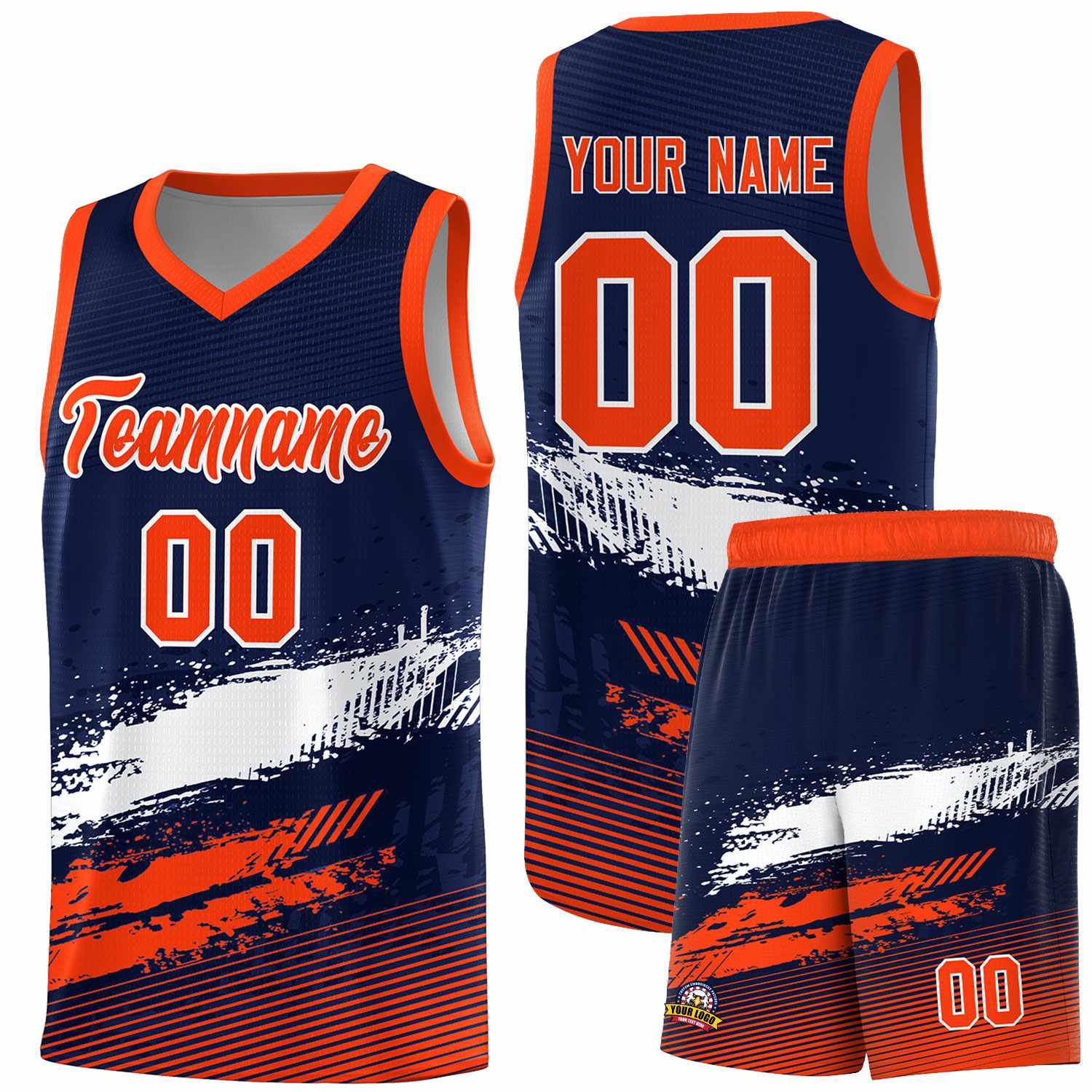 Custom Navy White and Orange Graffiti Pattern Sports Uniform Basketball Jersey