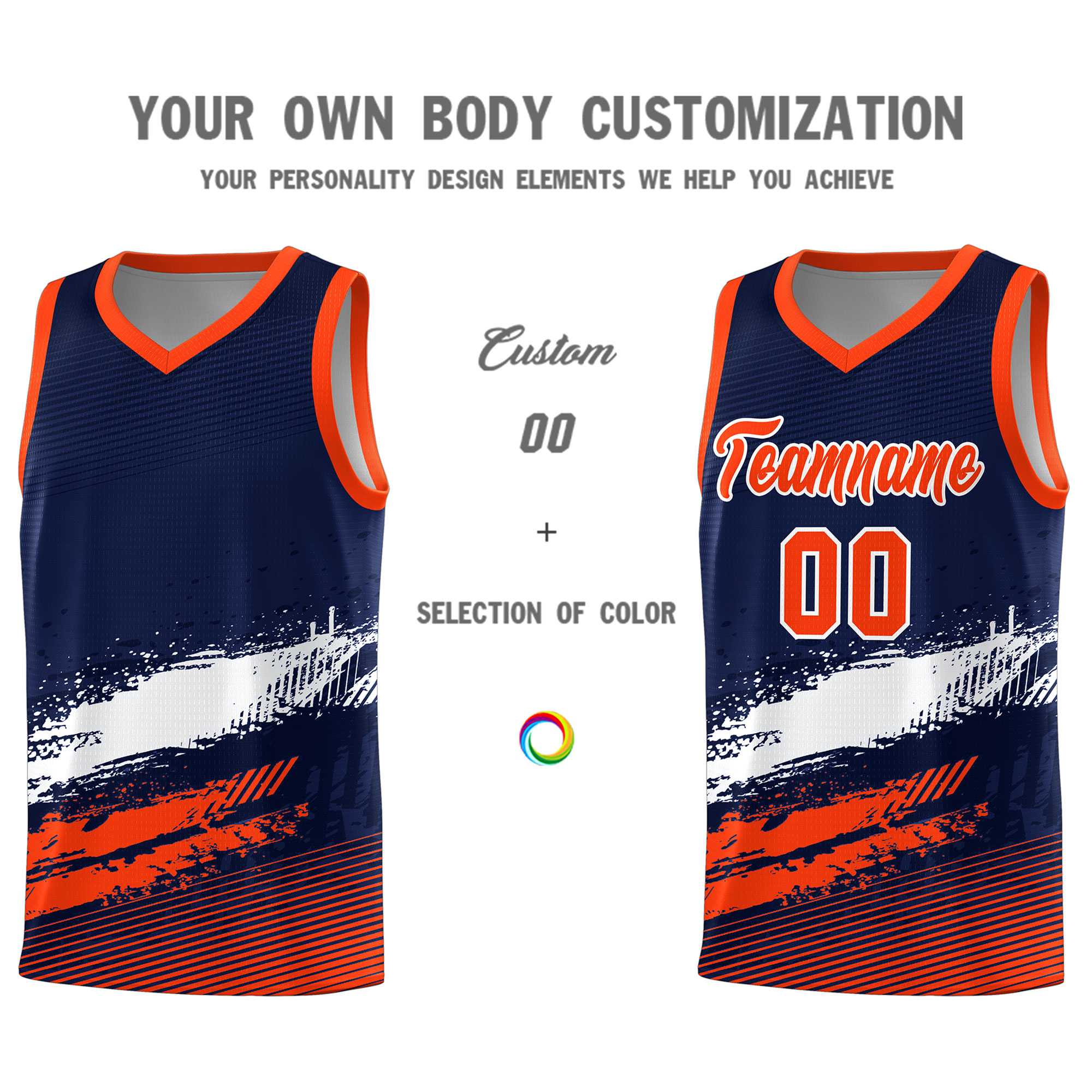 Custom Navy White and Orange Graffiti Pattern Sports Uniform Basketball Jersey