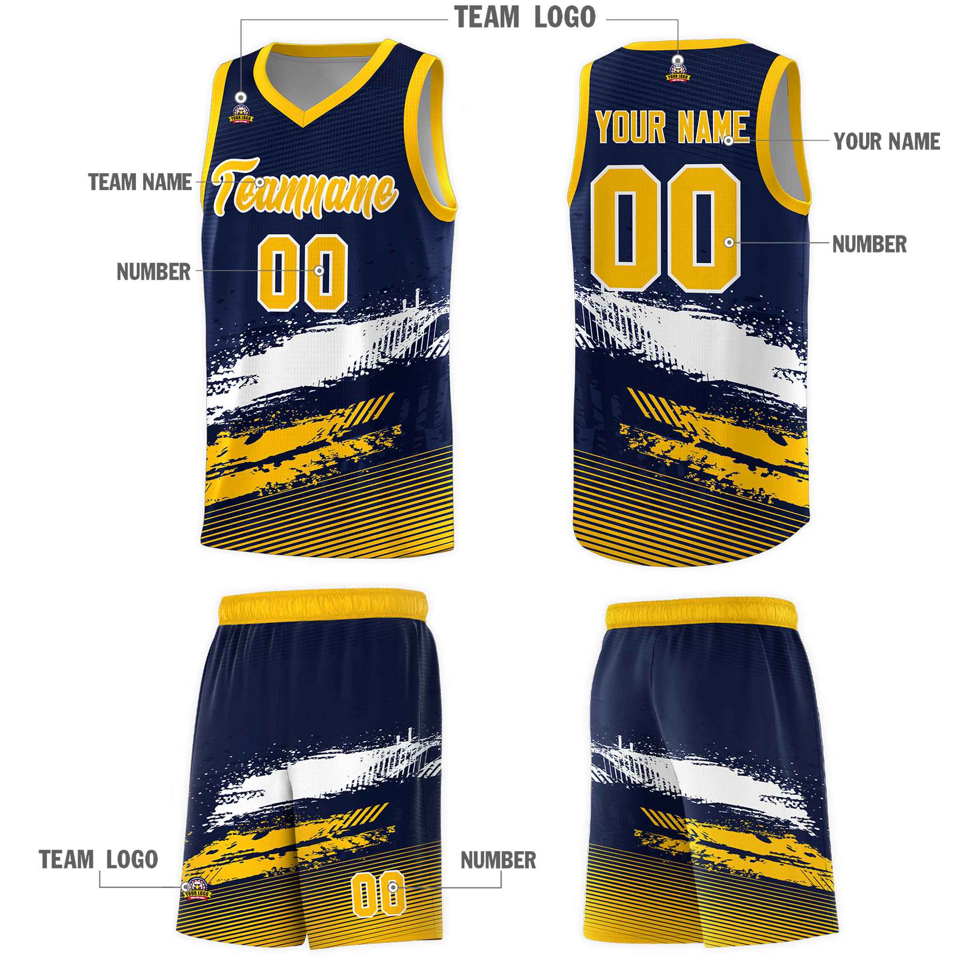 Custom Navy White and Yellow Graffiti Pattern Sports Uniform Basketball Jersey