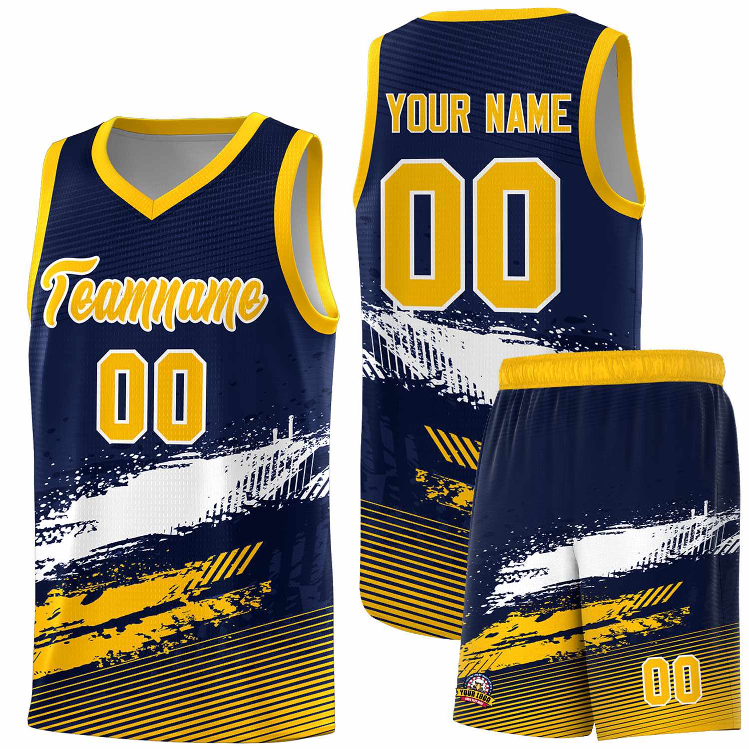 Custom Navy White and Yellow Graffiti Pattern Sports Uniform Basketball Jersey