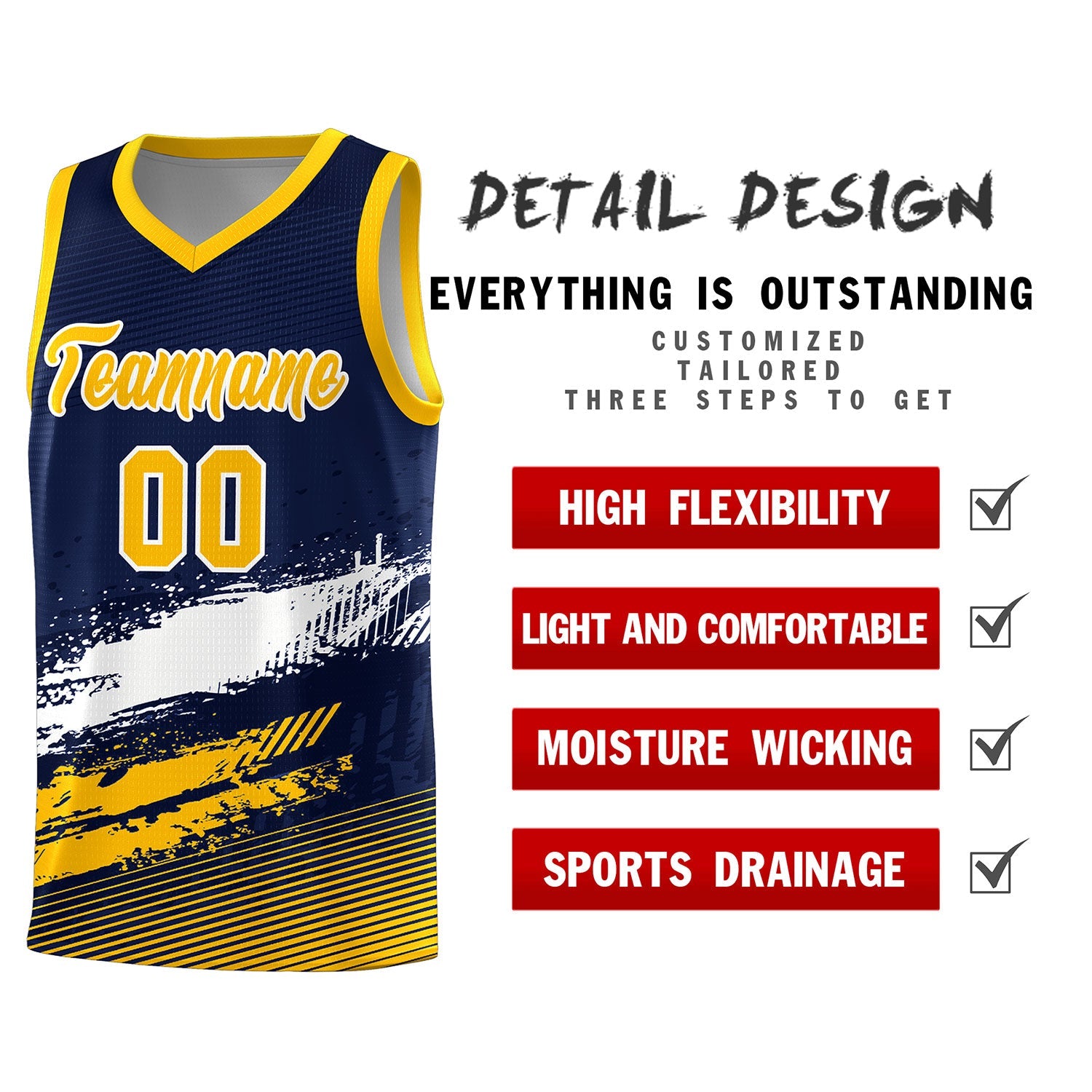 Custom Navy White and Yellow Graffiti Pattern Sports Uniform Basketball Jersey