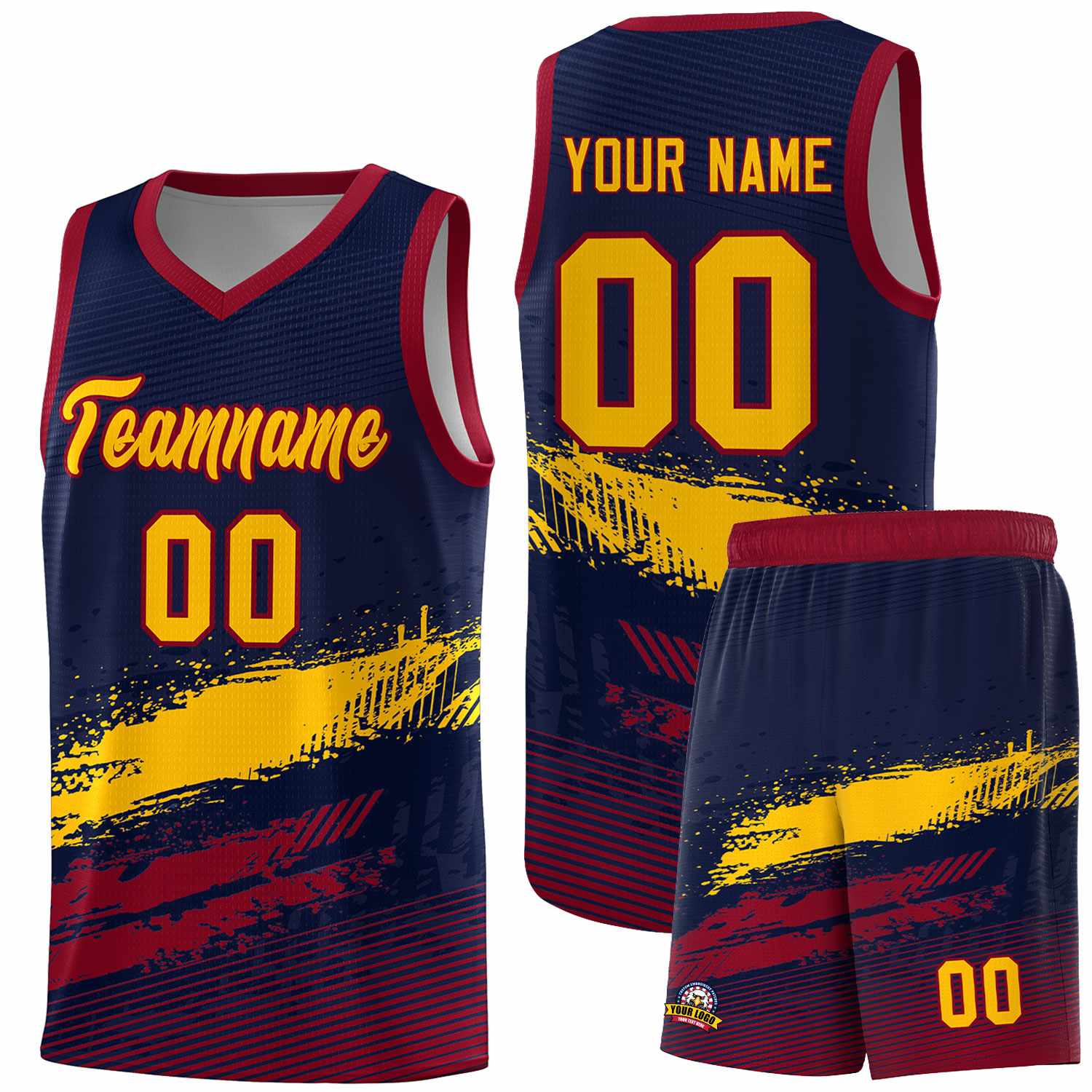 Custom Navy Yellow and Crimson Graffiti Pattern Sports Uniform Basketball Jersey