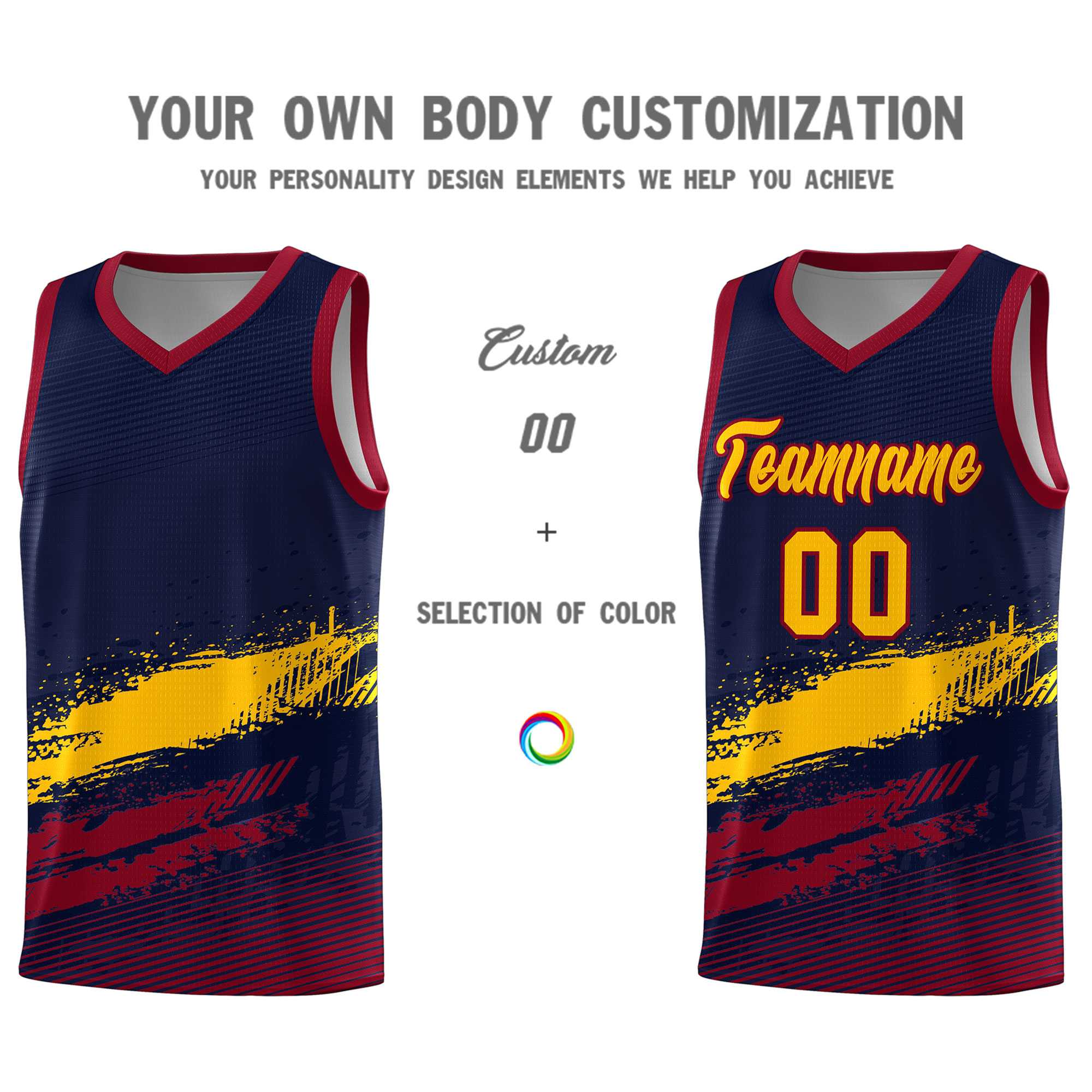 Custom Navy Yellow and Crimson Graffiti Pattern Sports Uniform Basketball Jersey