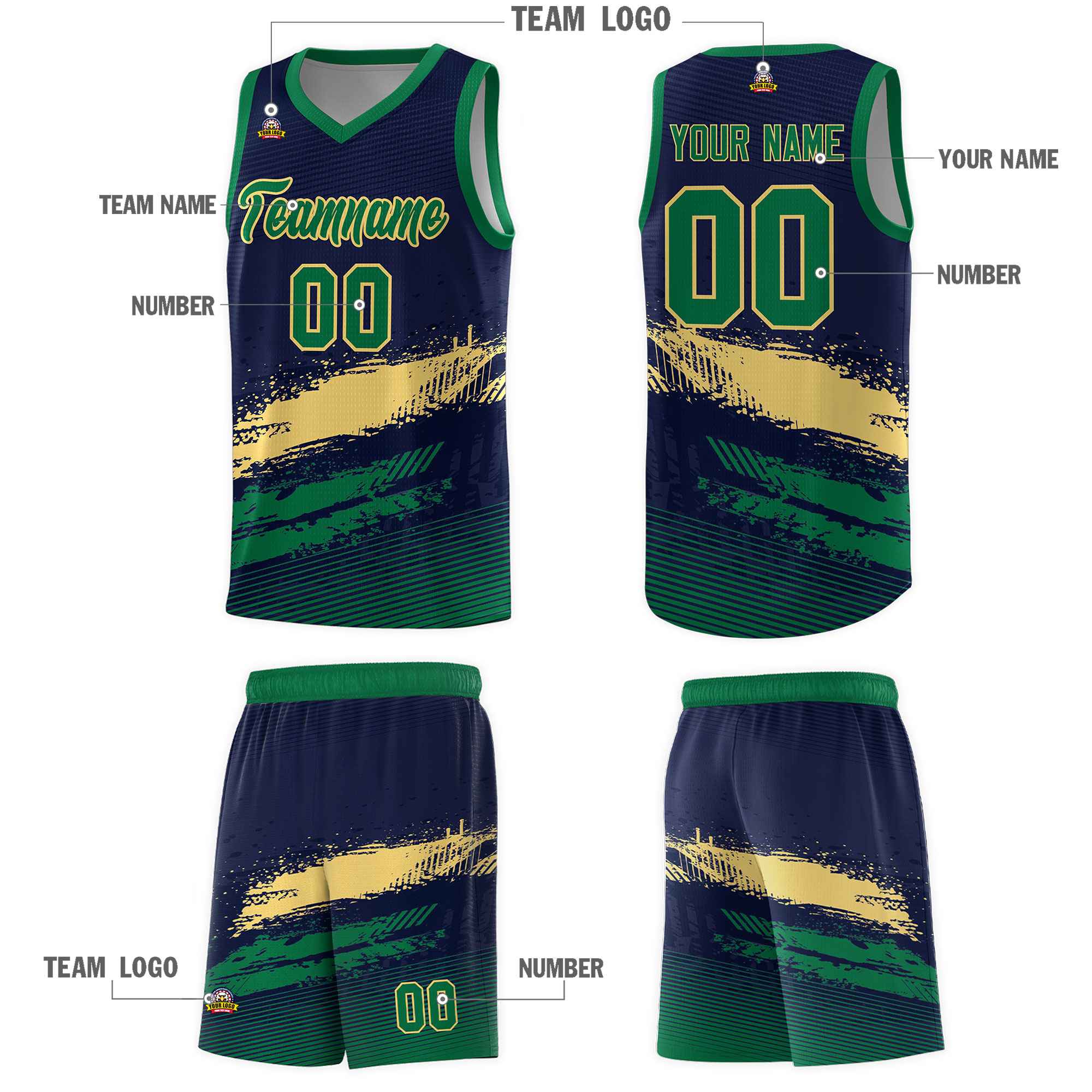 Custom Navy Khaki and Kelly Green Graffiti Pattern Sports Uniform Basketball Jersey