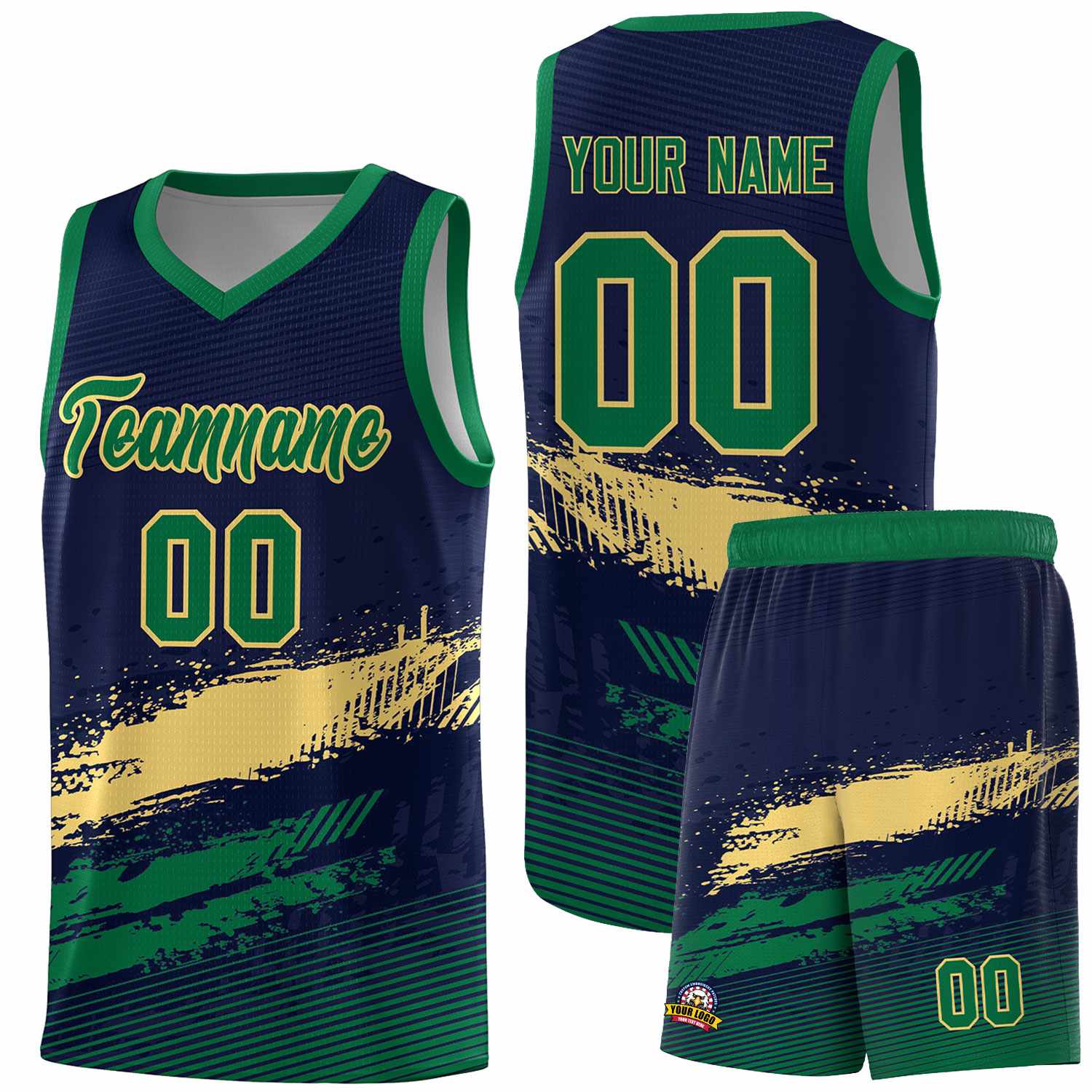 Custom Navy Khaki and Kelly Green Graffiti Pattern Sports Uniform Basketball Jersey