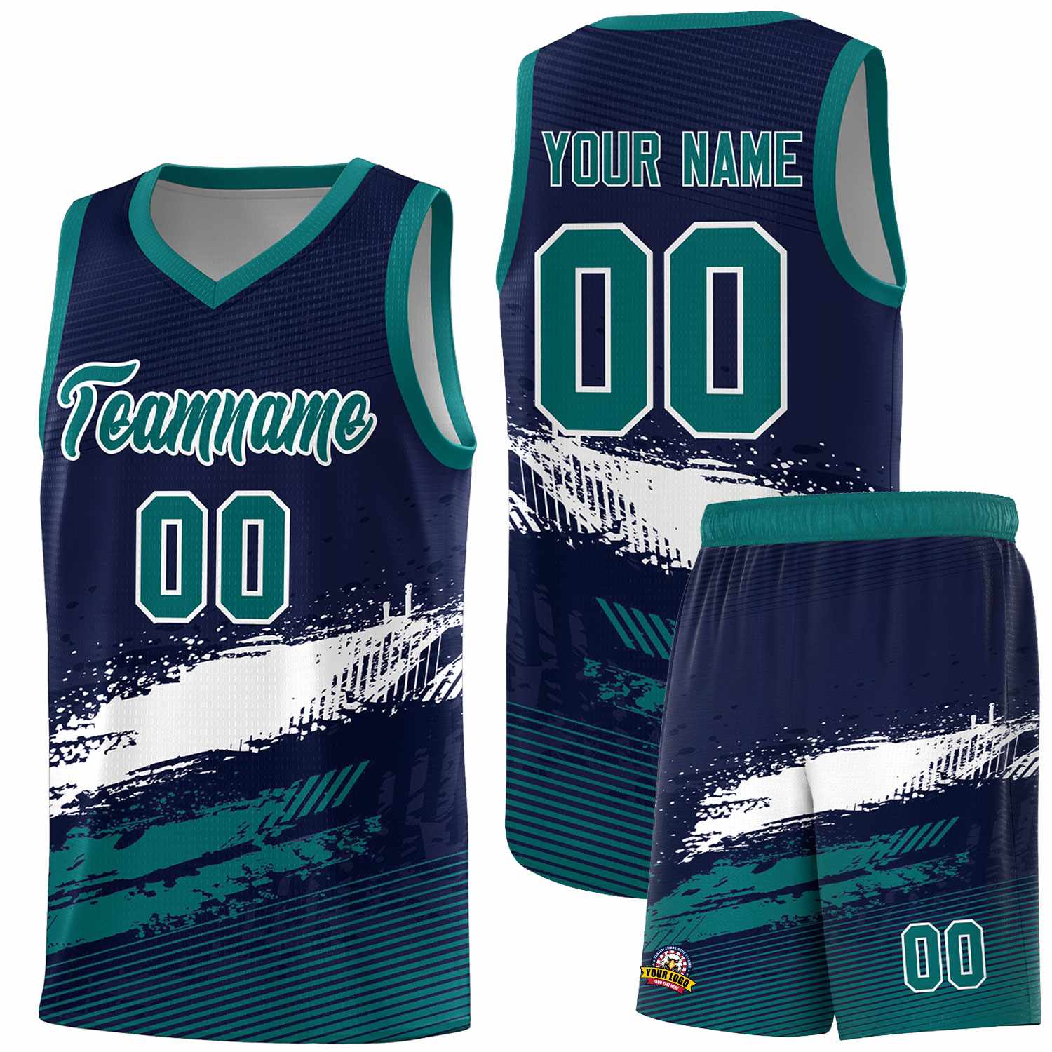 Custom Navy White and Aqua Graffiti Pattern Sports Uniform Basketball Jersey