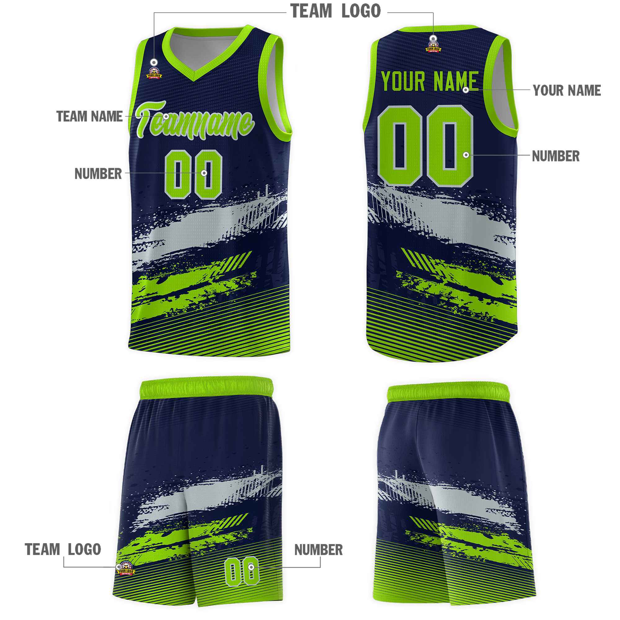 Custom Navy Gray and Neon Green Graffiti Pattern Sports Uniform Basketball Jersey