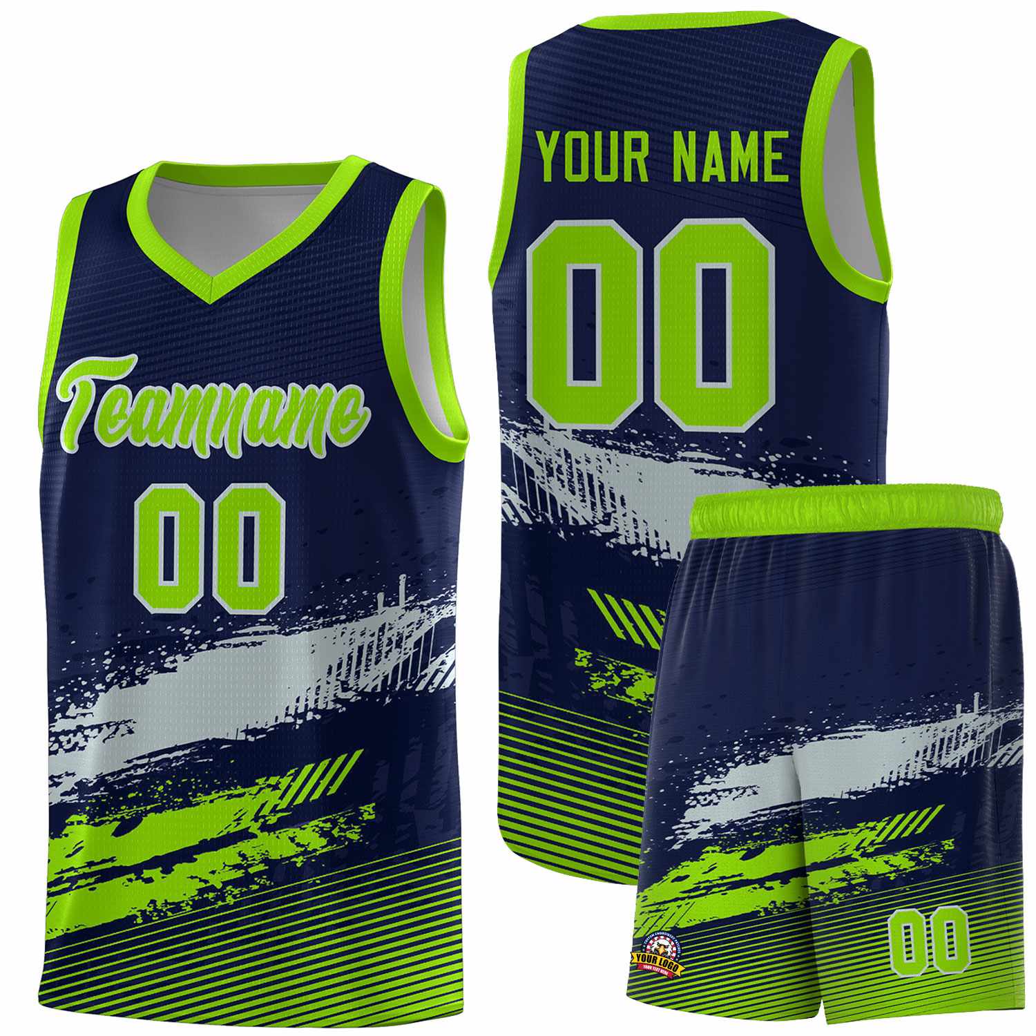 Custom Navy Gray and Neon Green Graffiti Pattern Sports Uniform Basketball Jersey