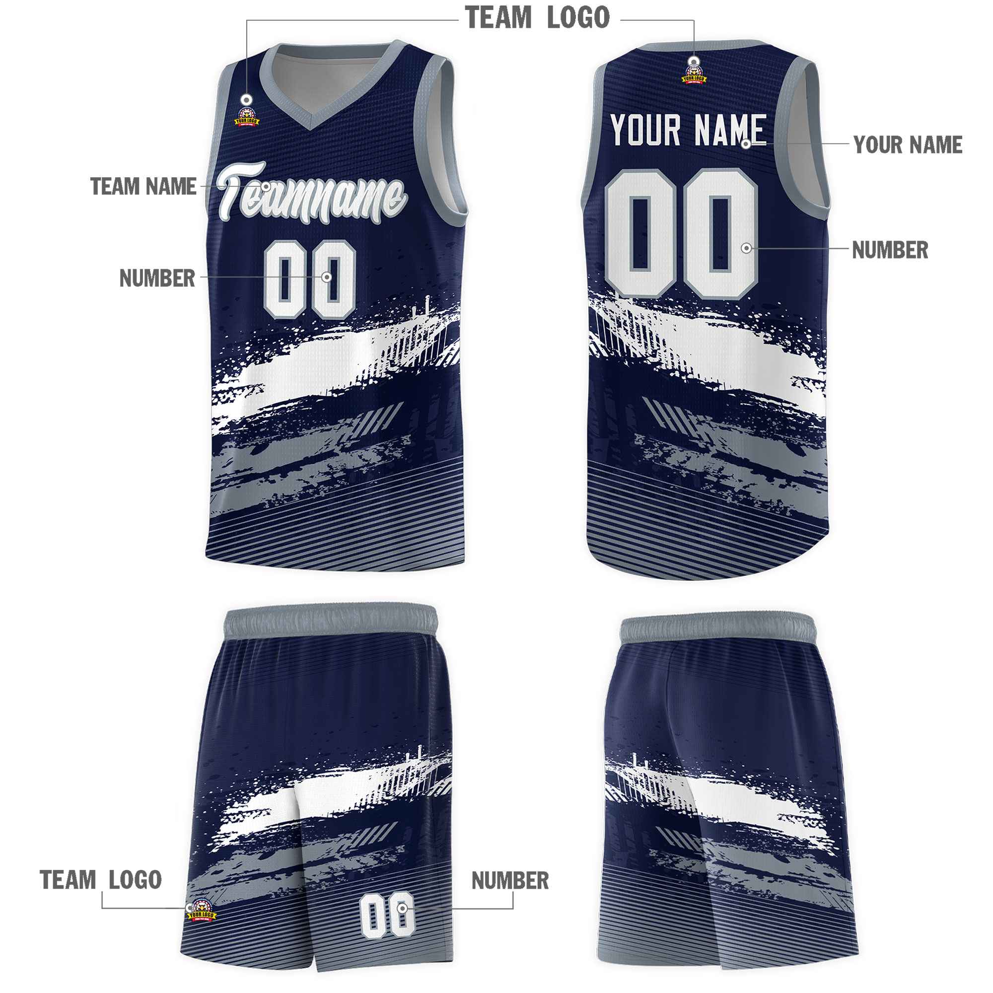 Custom Navy White and Gray Graffiti Pattern Sports Uniform Basketball Jersey