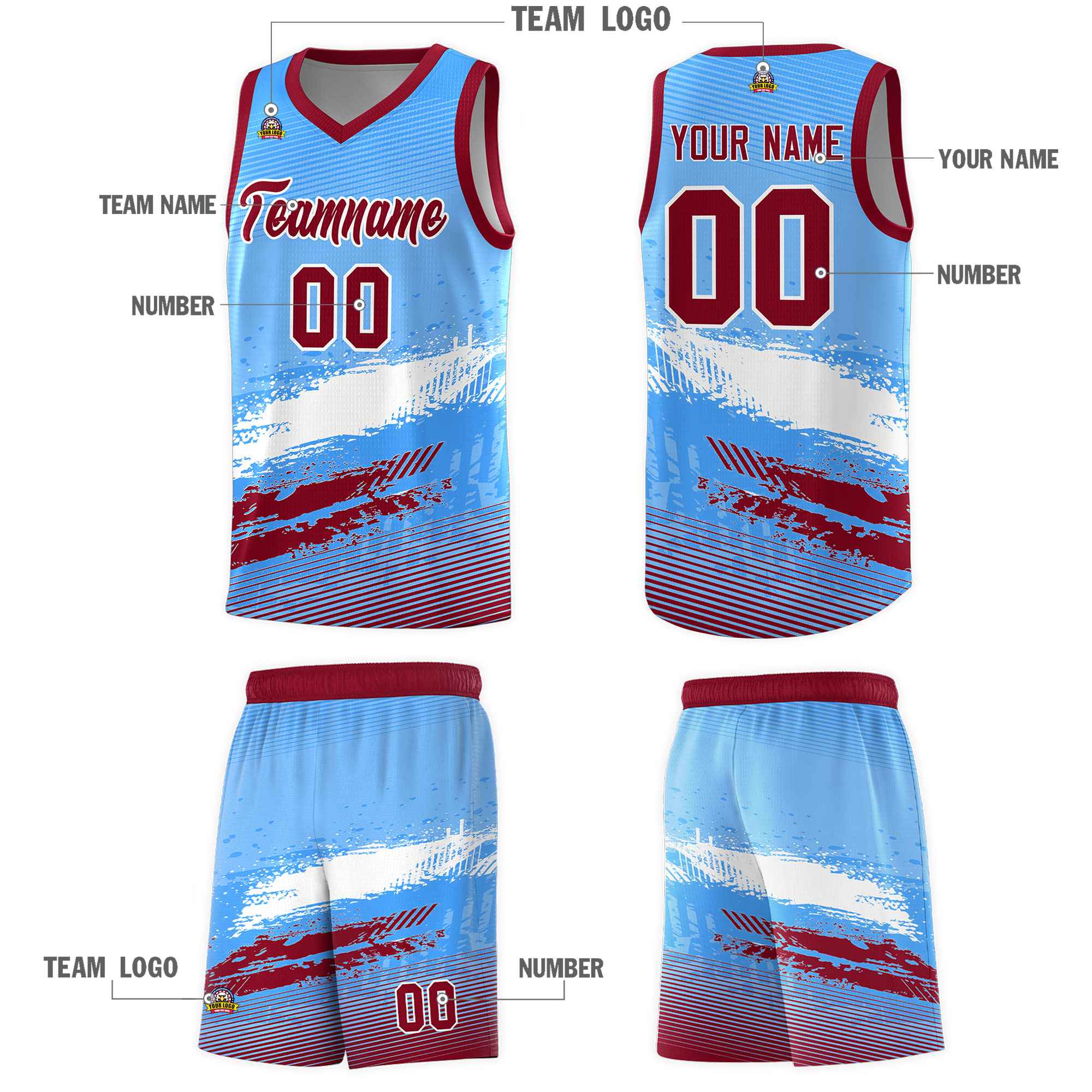 Custom Powder Blue White and Crimson Graffiti Pattern Sports Uniform Basketball Jersey