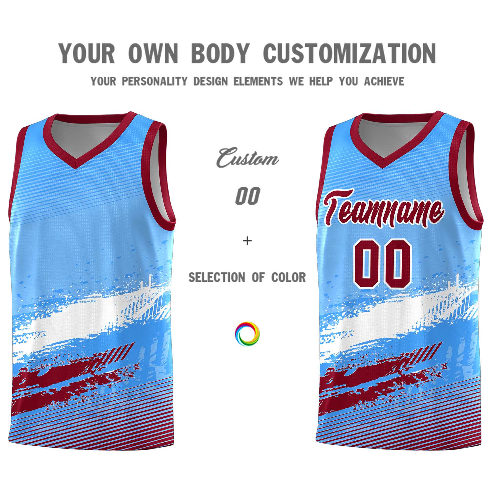 Custom Powder Blue White and Crimson Graffiti Pattern Sports Uniform Basketball Jersey