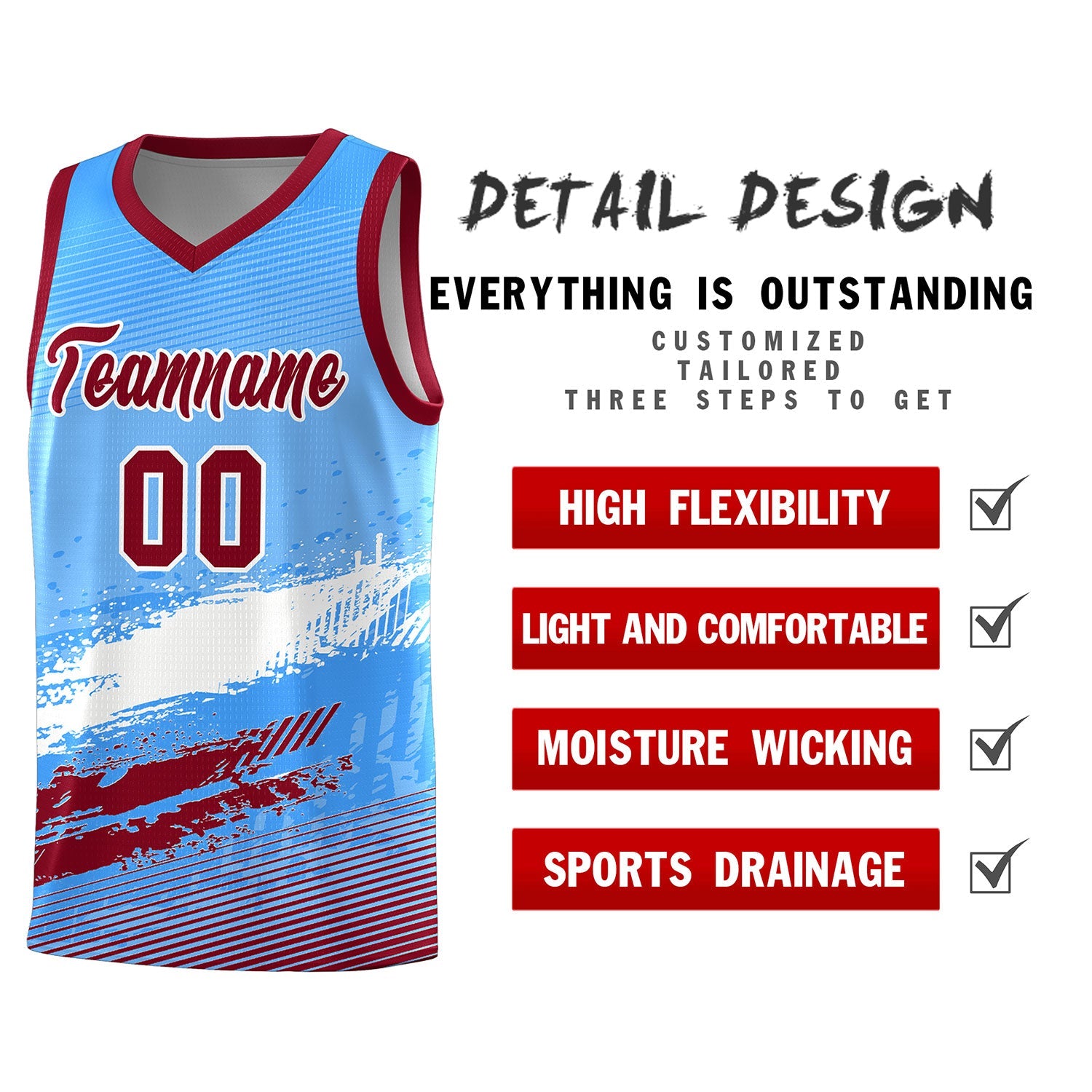 Custom Powder Blue White and Crimson Graffiti Pattern Sports Uniform Basketball Jersey