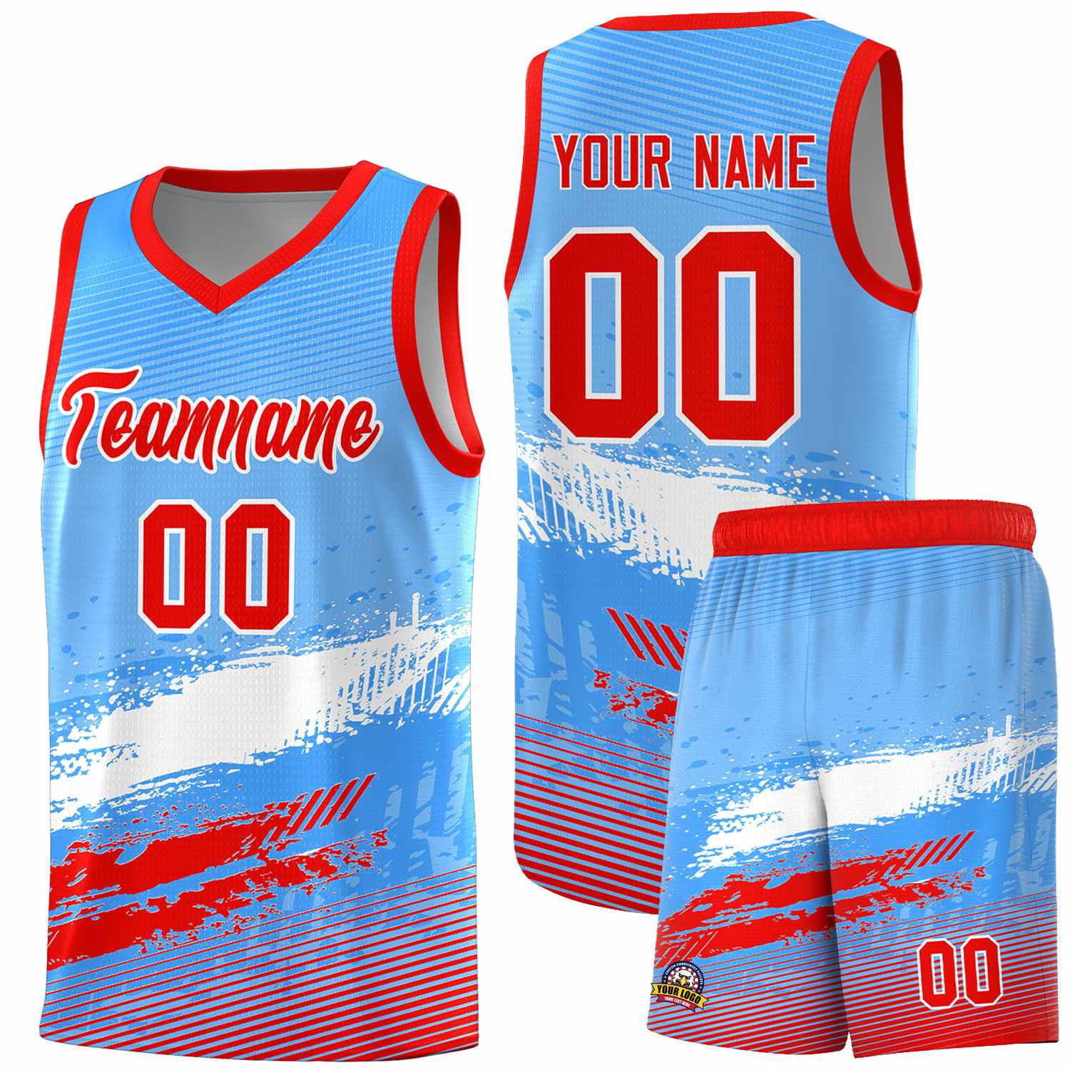 Custom Powder Blue White and Red Graffiti Pattern Sports Uniform Basketball Jersey