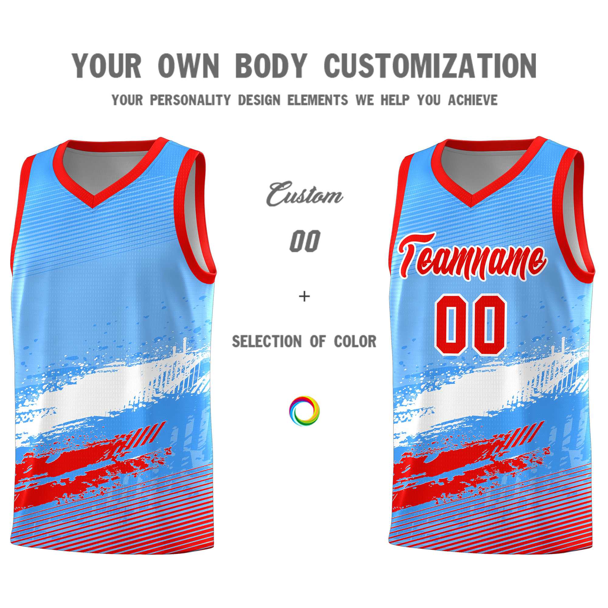 Custom Powder Blue White and Red Graffiti Pattern Sports Uniform Basketball Jersey