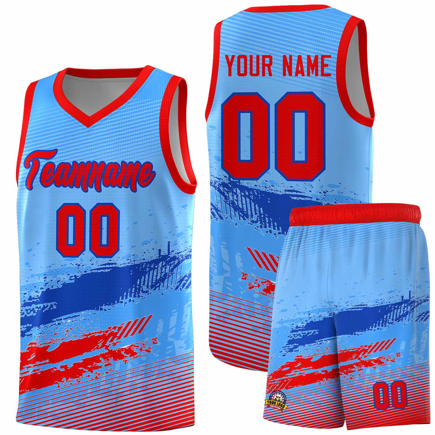 Custom Powder Blue Royal and Red Graffiti Pattern Sports Uniform Basketball Jersey