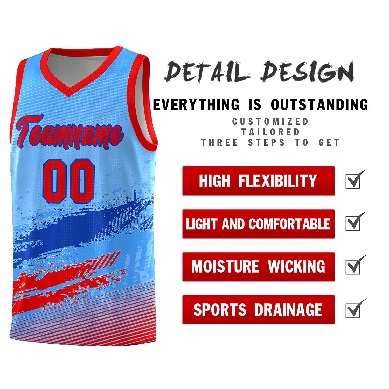 Custom Powder Blue Royal and Red Graffiti Pattern Sports Uniform Basketball Jersey