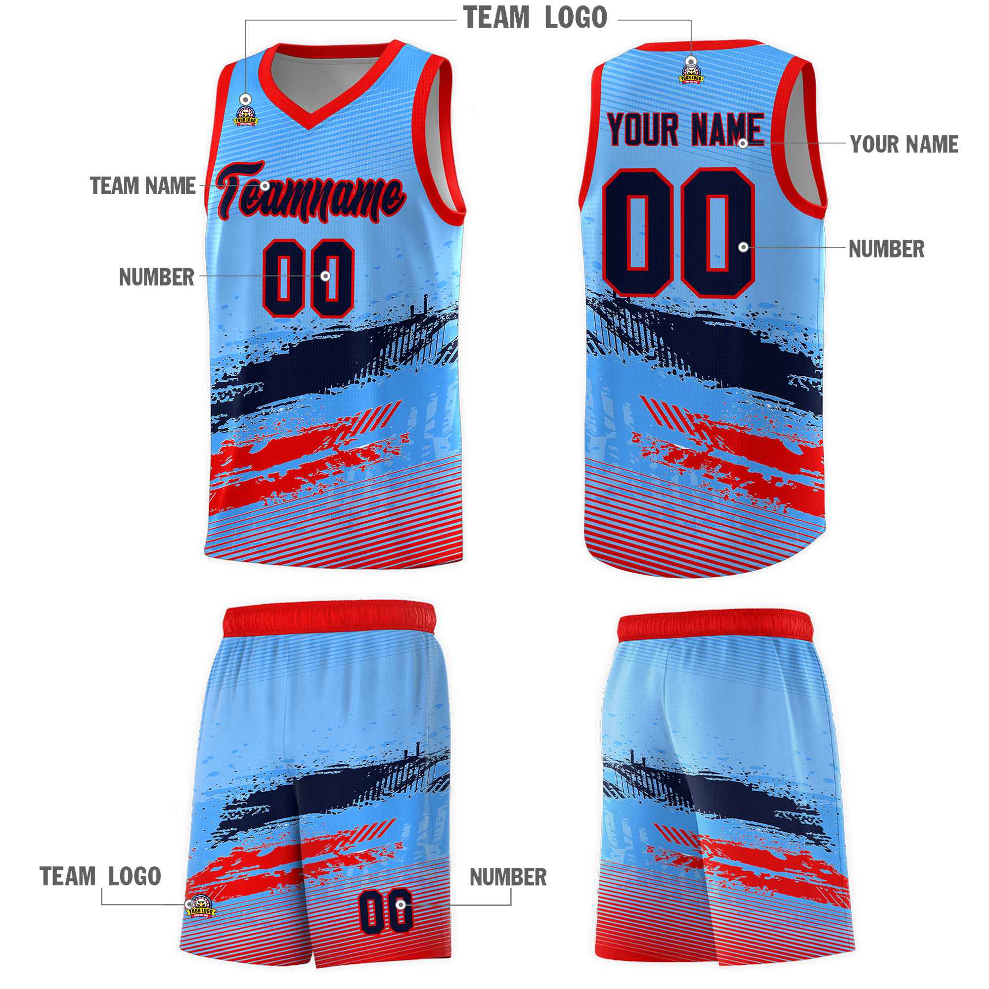 Custom Powder Blue Navy and Red Graffiti Pattern Sports Uniform Basketball Jersey