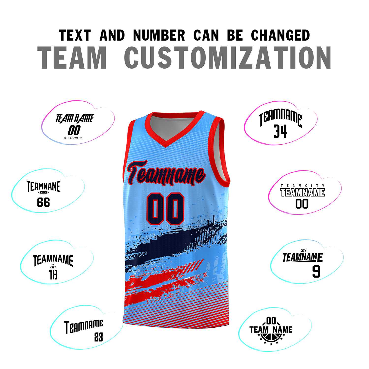 Custom Powder Blue Navy and Red Graffiti Pattern Sports Uniform Basketball Jersey