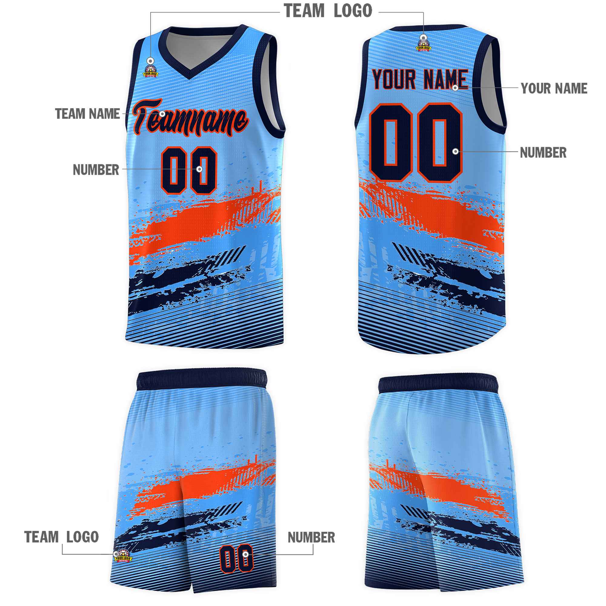 Custom Powder Blue Orange and Navy Graffiti Pattern Sports Uniform Basketball Jersey