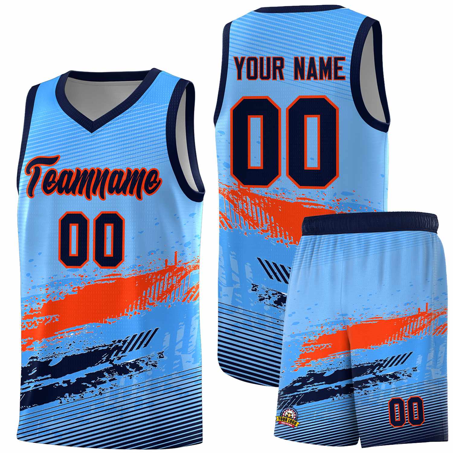 Custom Powder Blue Orange and Navy Graffiti Pattern Sports Uniform Basketball Jersey