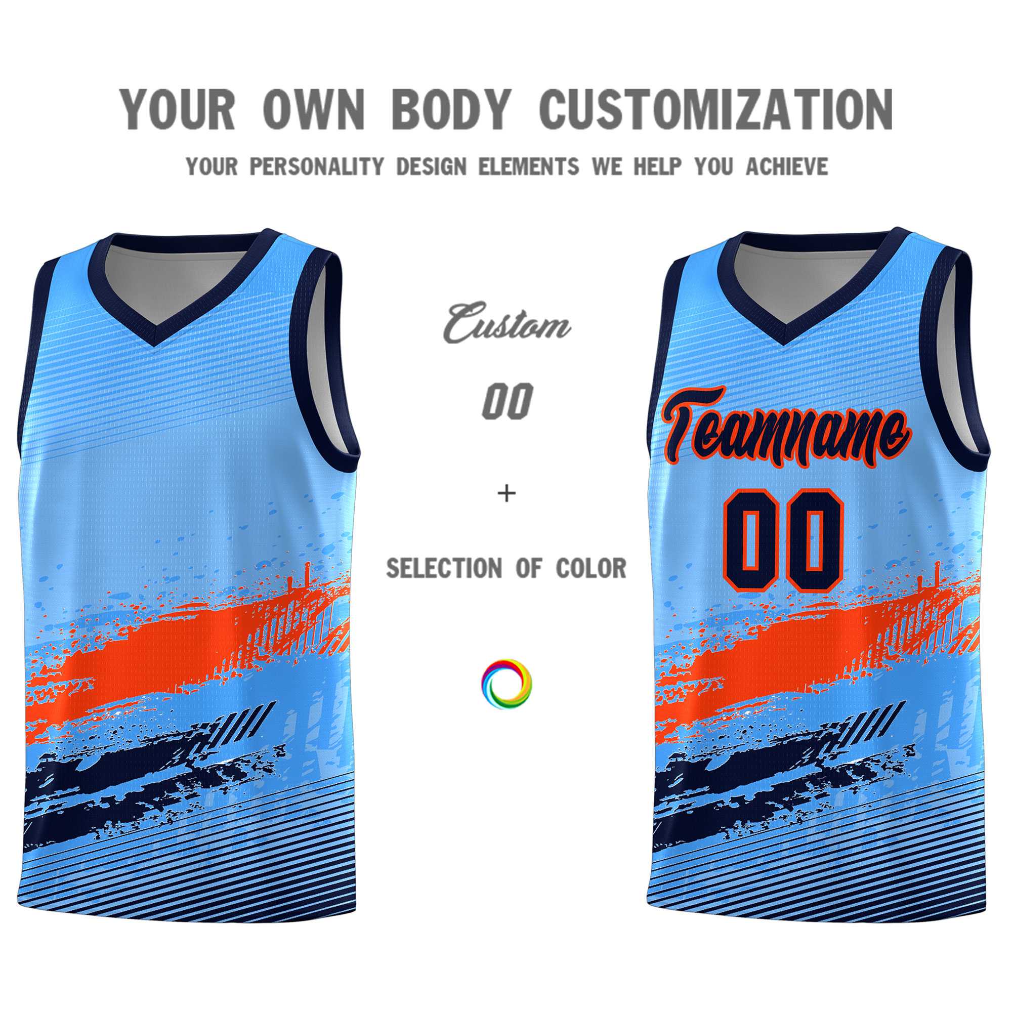 Custom Powder Blue Orange and Navy Graffiti Pattern Sports Uniform Basketball Jersey