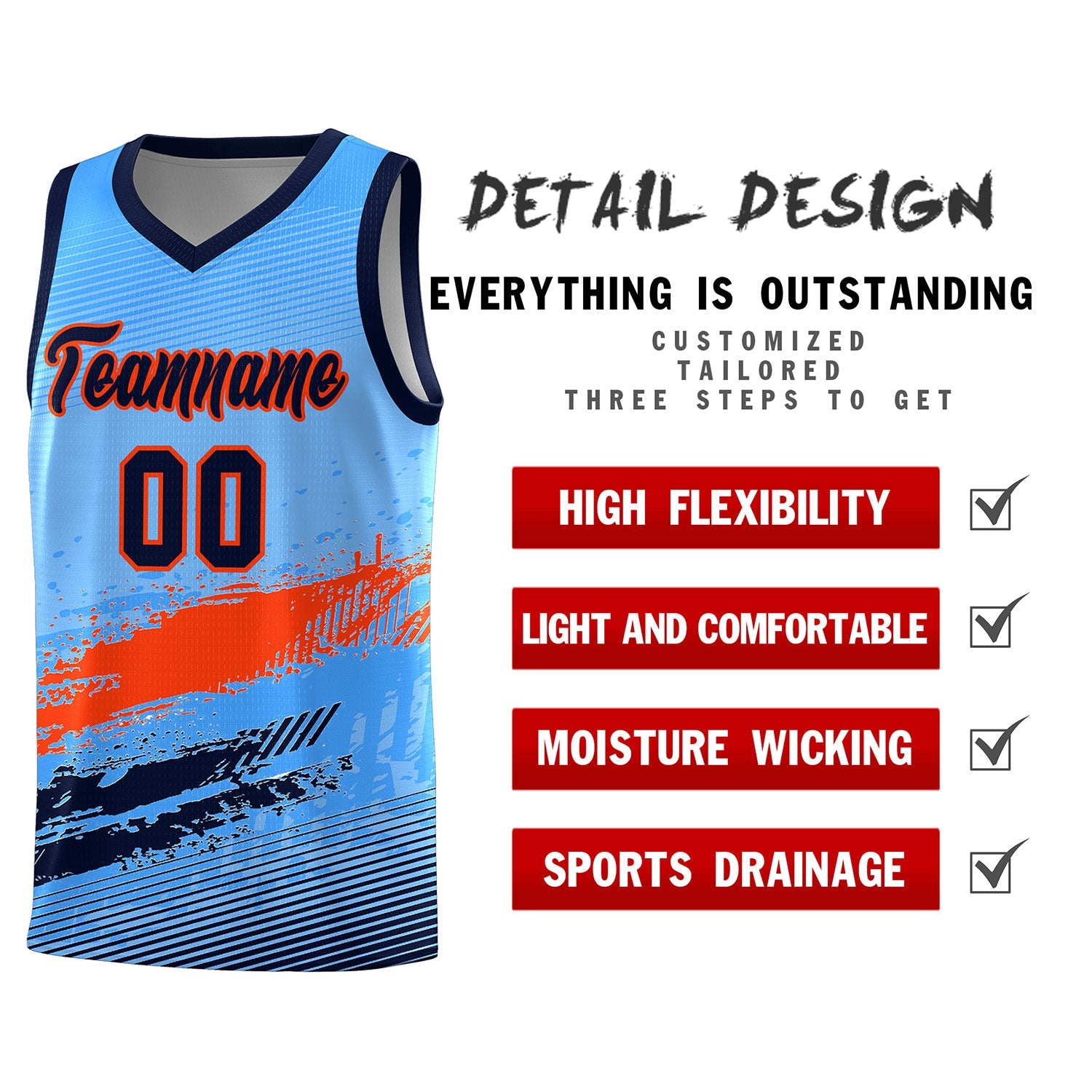 Custom Powder Blue Orange and Navy Graffiti Pattern Sports Uniform Basketball Jersey