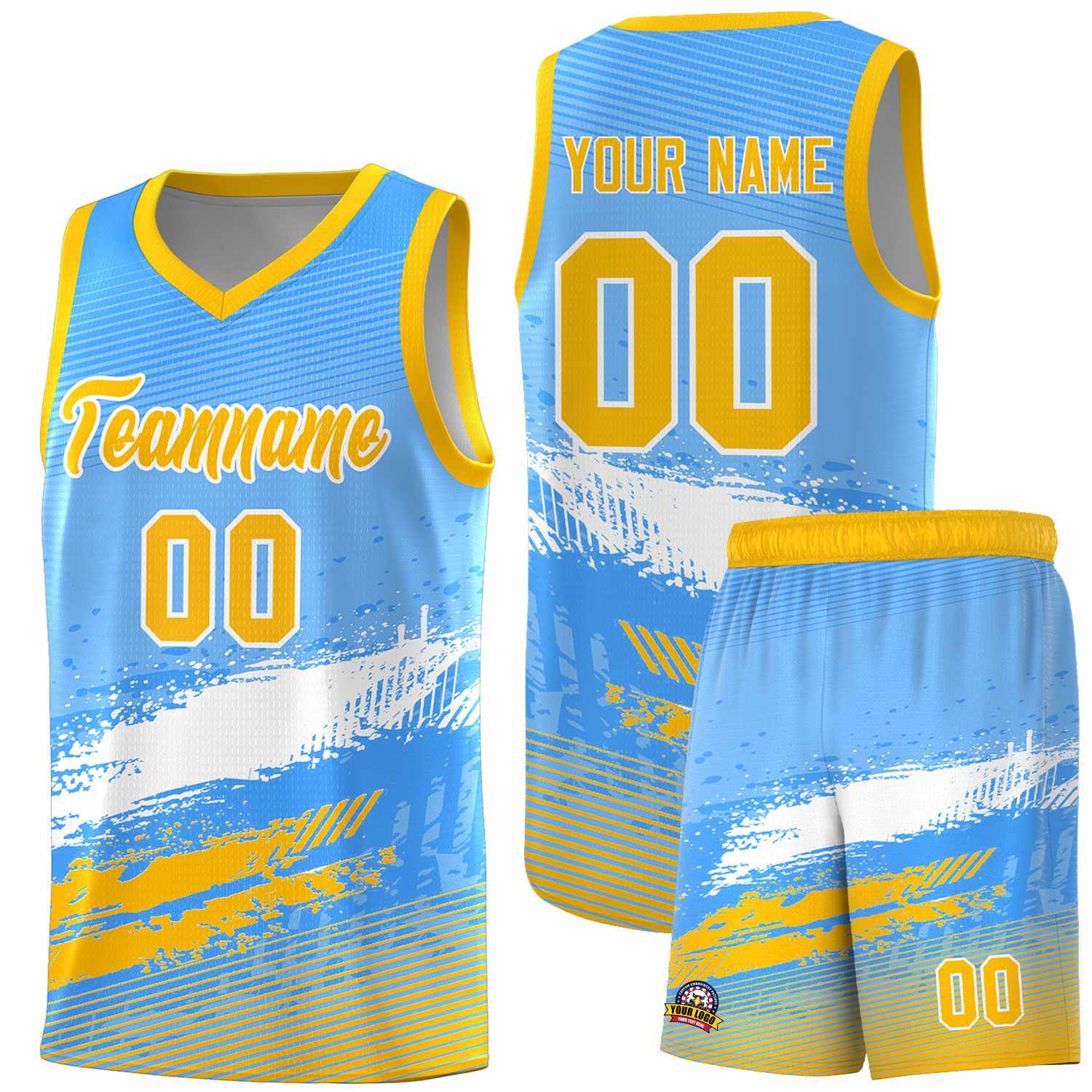 Custom Powder Blue White and Yellow Graffiti Pattern Sports Uniform Basketball Jersey