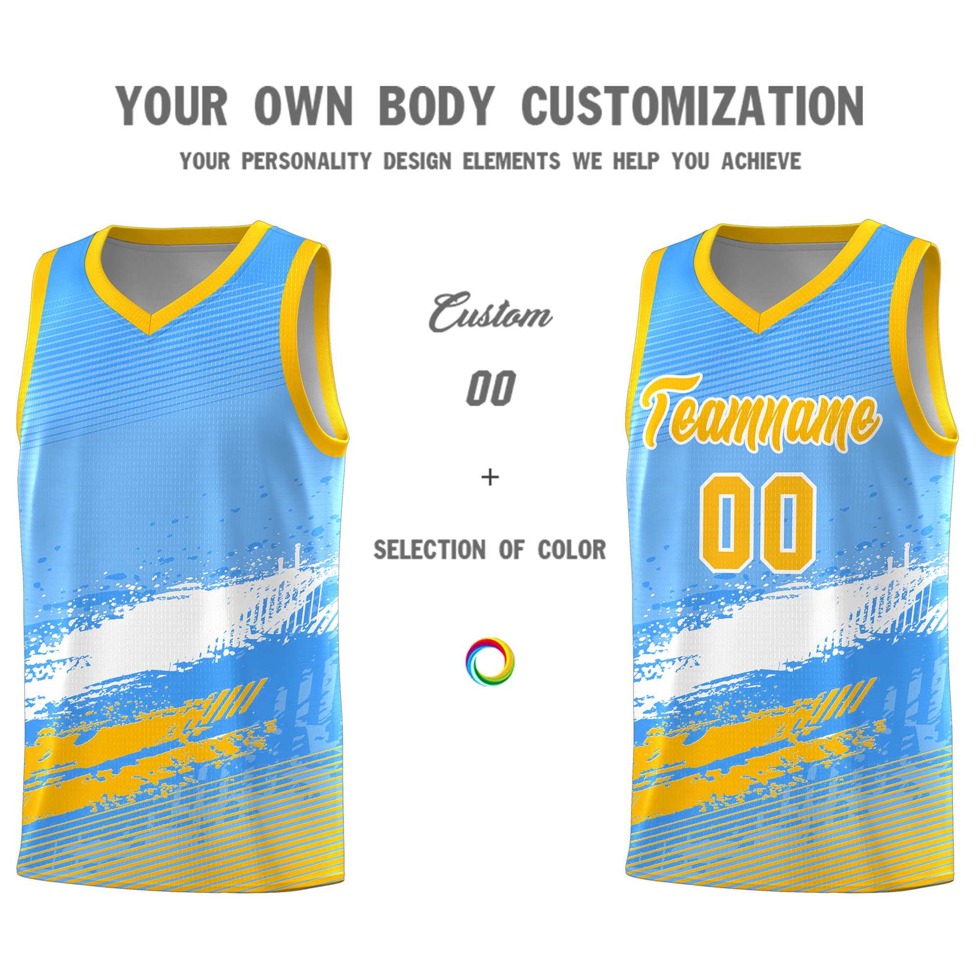 Custom Powder Blue White and Yellow Graffiti Pattern Sports Uniform Basketball Jersey