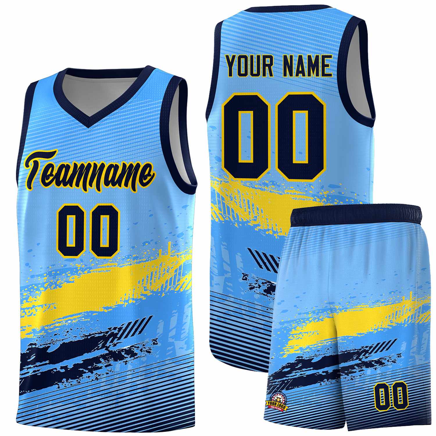 Custom Powder Blue Gold and Navy Graffiti Pattern Sports Uniform Basketball Jersey