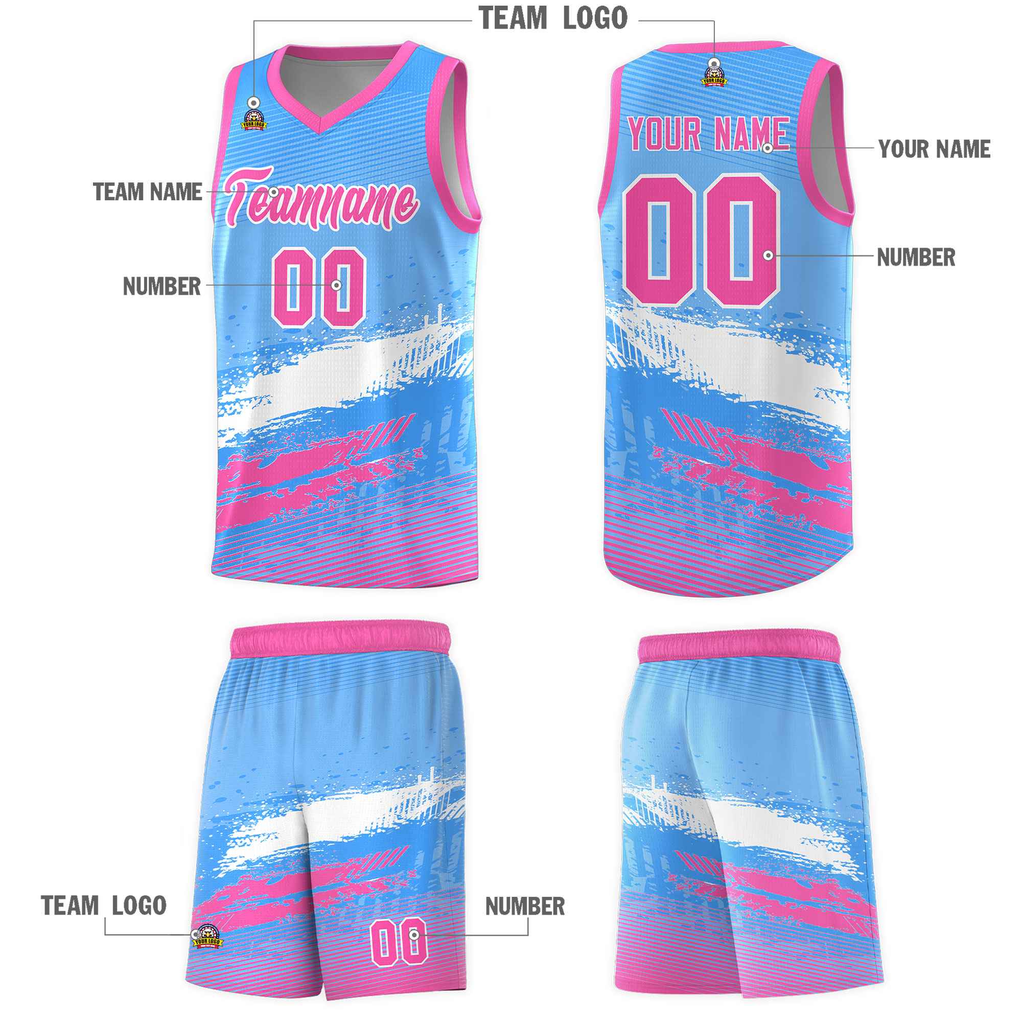 Custom Powder Blue White and Pink Graffiti Pattern Sports Uniform Basketball Jersey