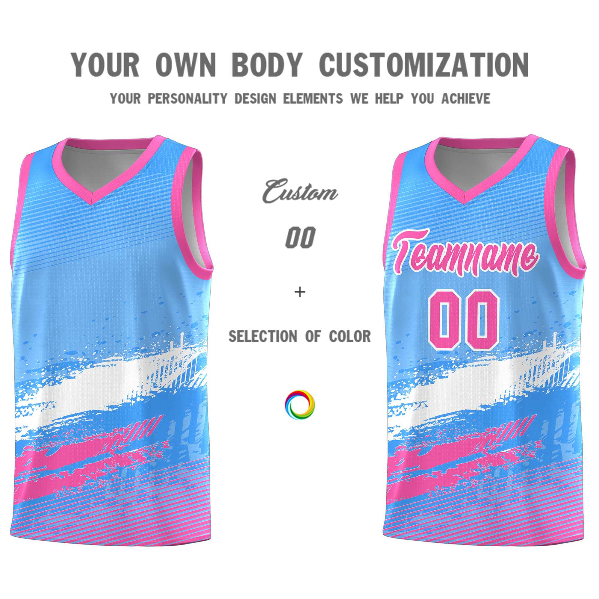 Custom Powder Blue White and Pink Graffiti Pattern Sports Uniform Basketball Jersey