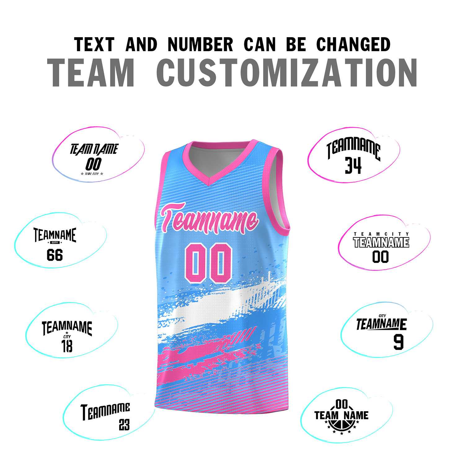 Custom Powder Blue White and Pink Graffiti Pattern Sports Uniform Basketball Jersey