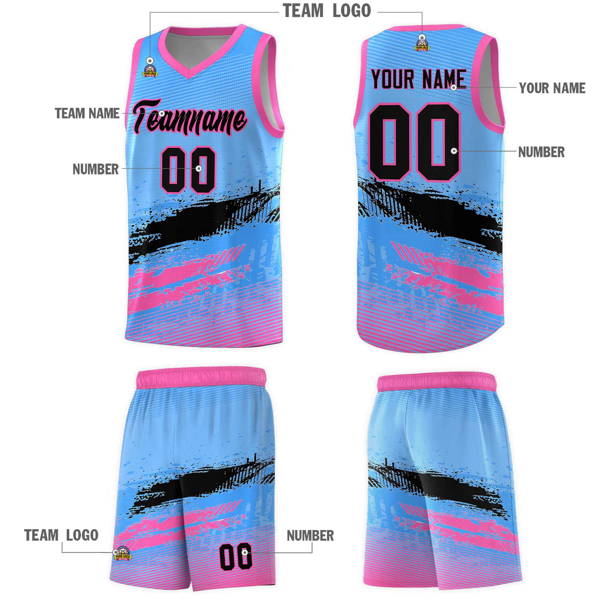 Custom Powder Blue Black and Pink Graffiti Pattern Sports Uniform Basketball Jersey