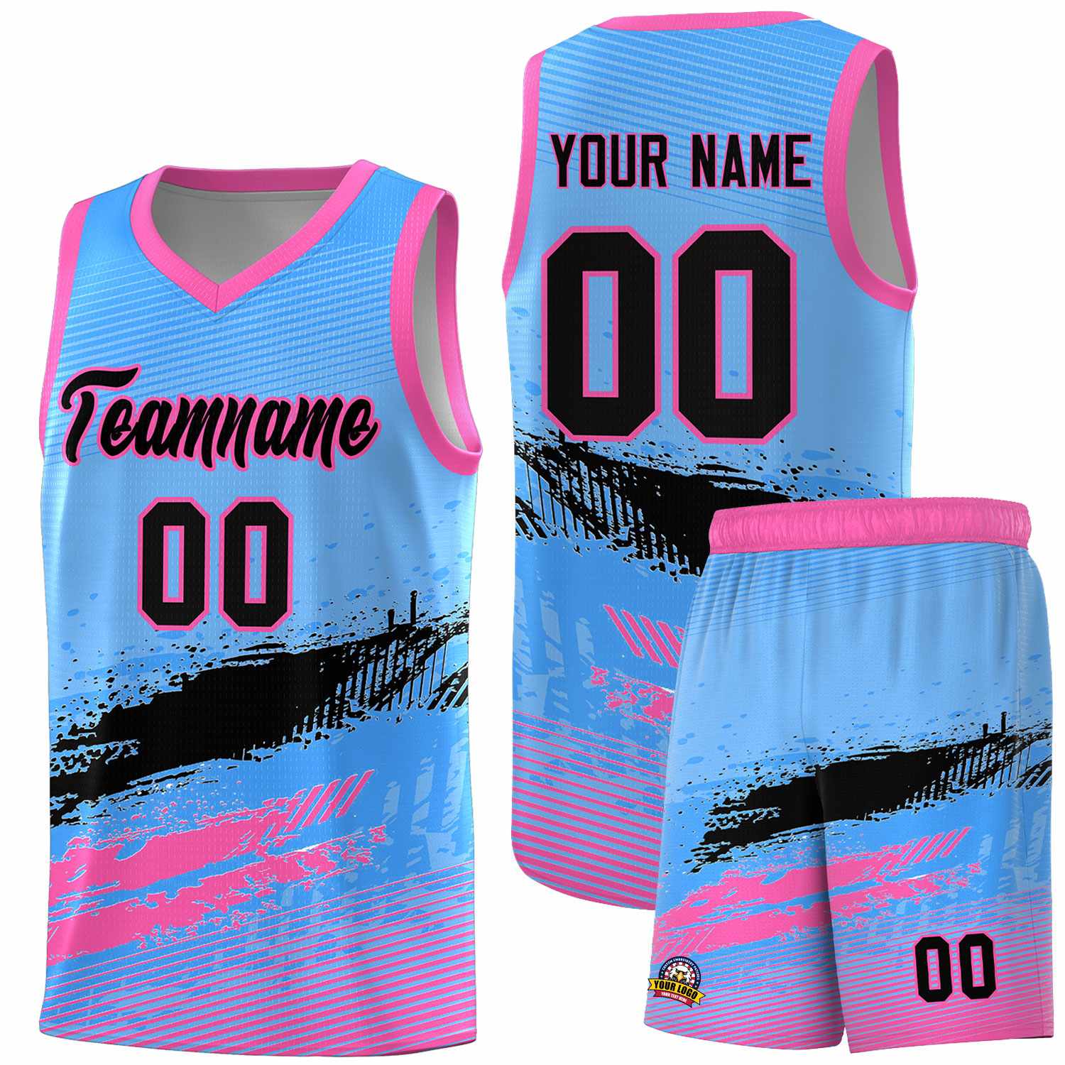 Custom Powder Blue Black and Pink Graffiti Pattern Sports Uniform Basketball Jersey