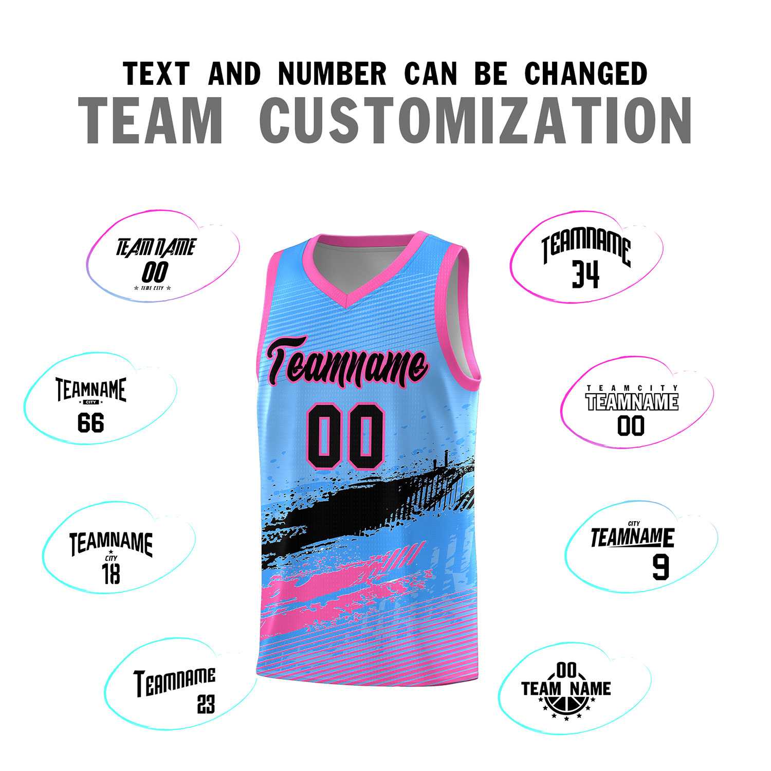 Custom Powder Blue Black and Pink Graffiti Pattern Sports Uniform Basketball Jersey