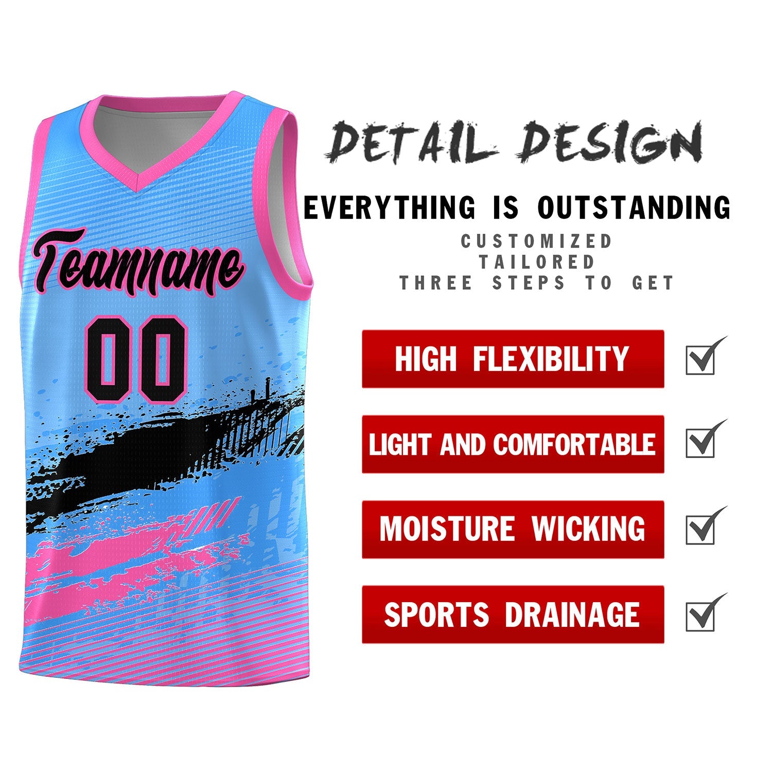 Custom Powder Blue Black and Pink Graffiti Pattern Sports Uniform Basketball Jersey