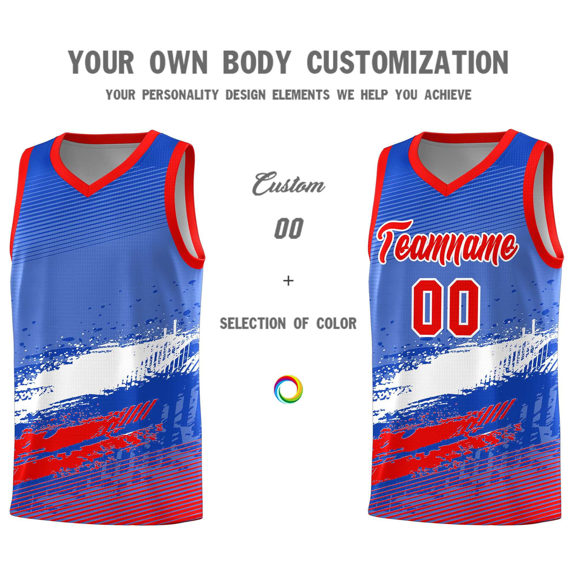 Custom Royal White and Red Graffiti Pattern Sports Uniform Basketball Jersey