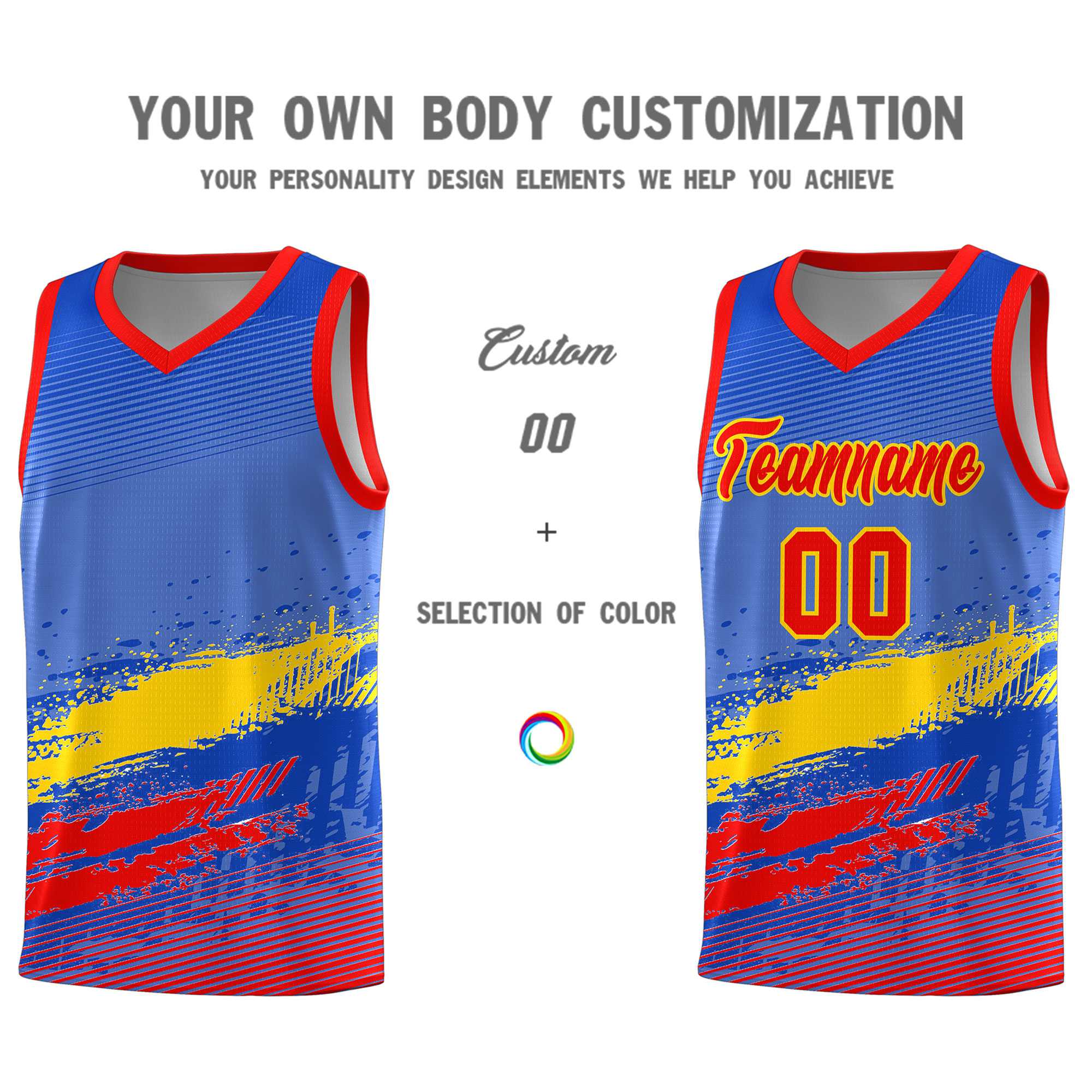 Custom Royal Gold and Red Graffiti Pattern Sports Uniform Basketball Jersey