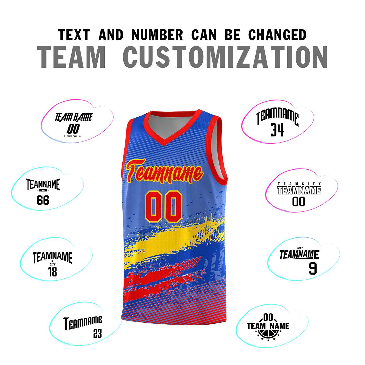 Custom Royal Gold and Red Graffiti Pattern Sports Uniform Basketball Jersey