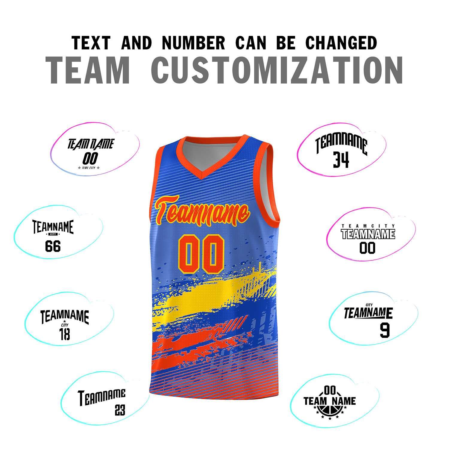 Custom Royal Gold and Orange Graffiti Pattern Sports Uniform Basketball Jersey