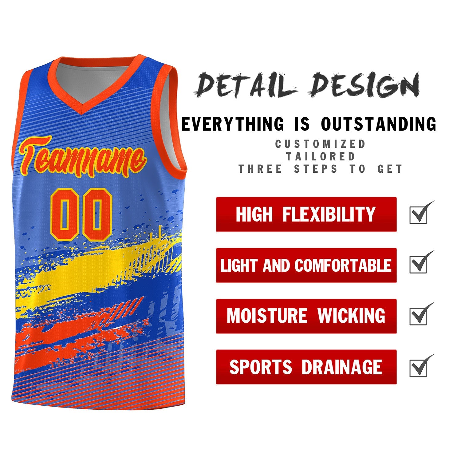 Custom Royal Gold and Orange Graffiti Pattern Sports Uniform Basketball Jersey