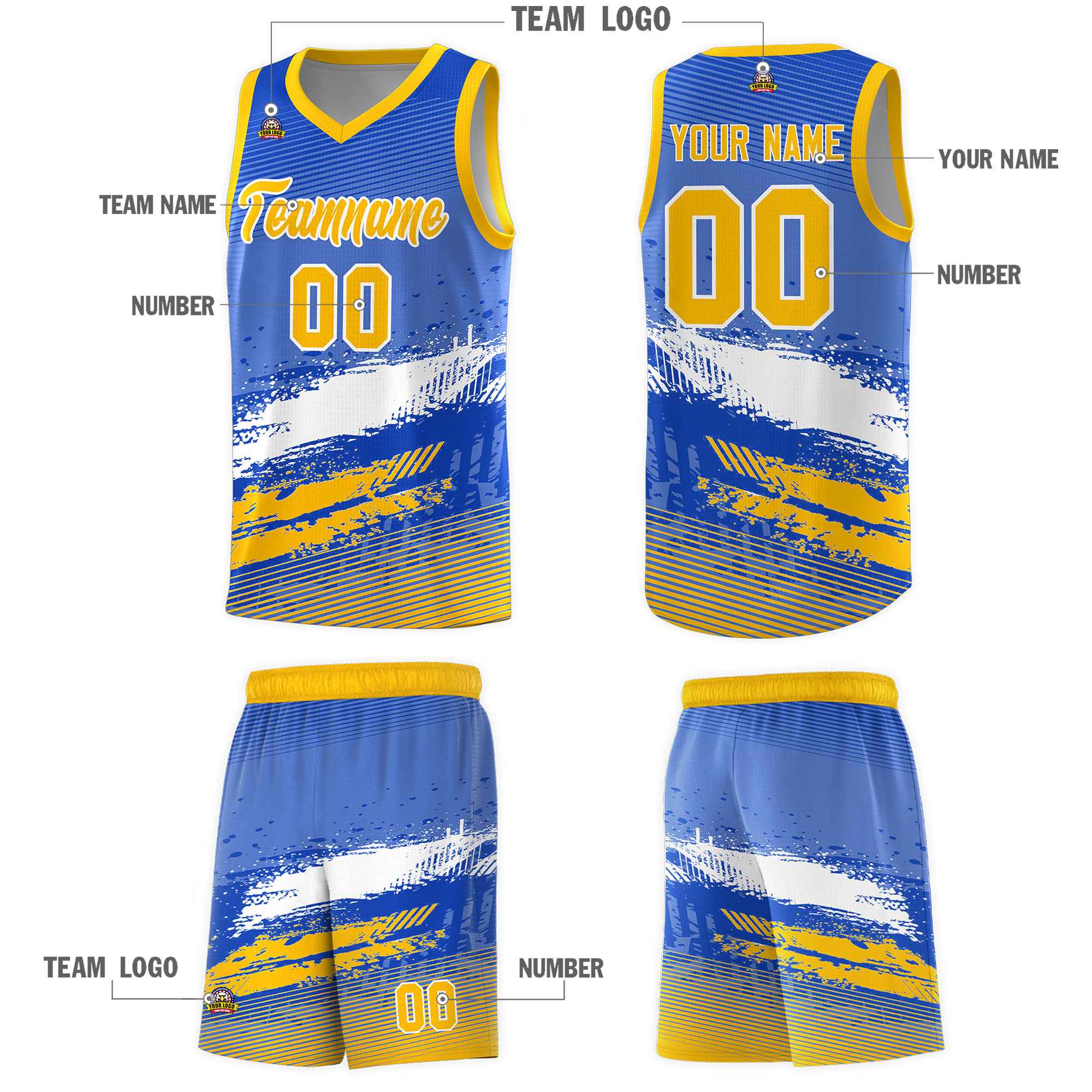 Custom Royal White and Yellow Graffiti Pattern Sports Uniform Basketball Jersey