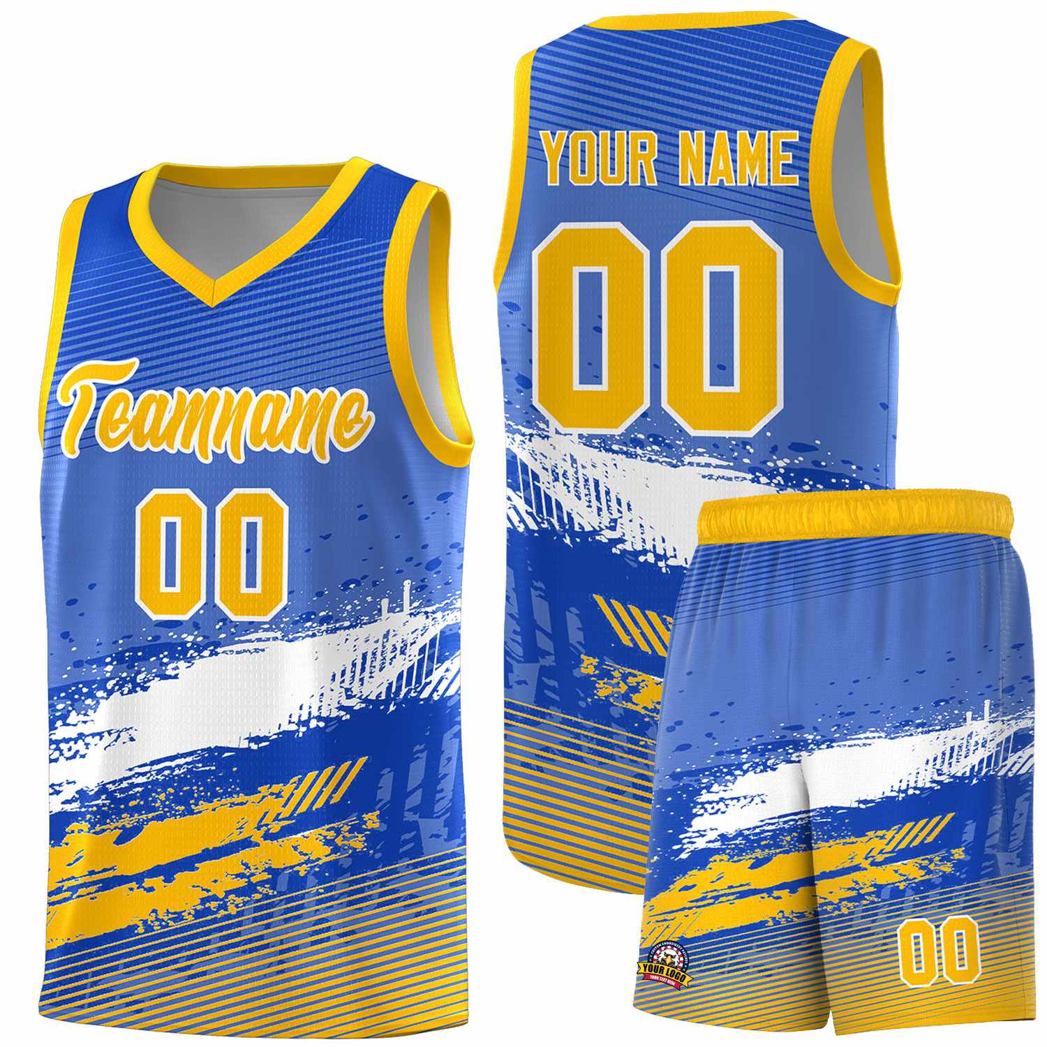 Custom Royal White and Yellow Graffiti Pattern Sports Uniform Basketball Jersey